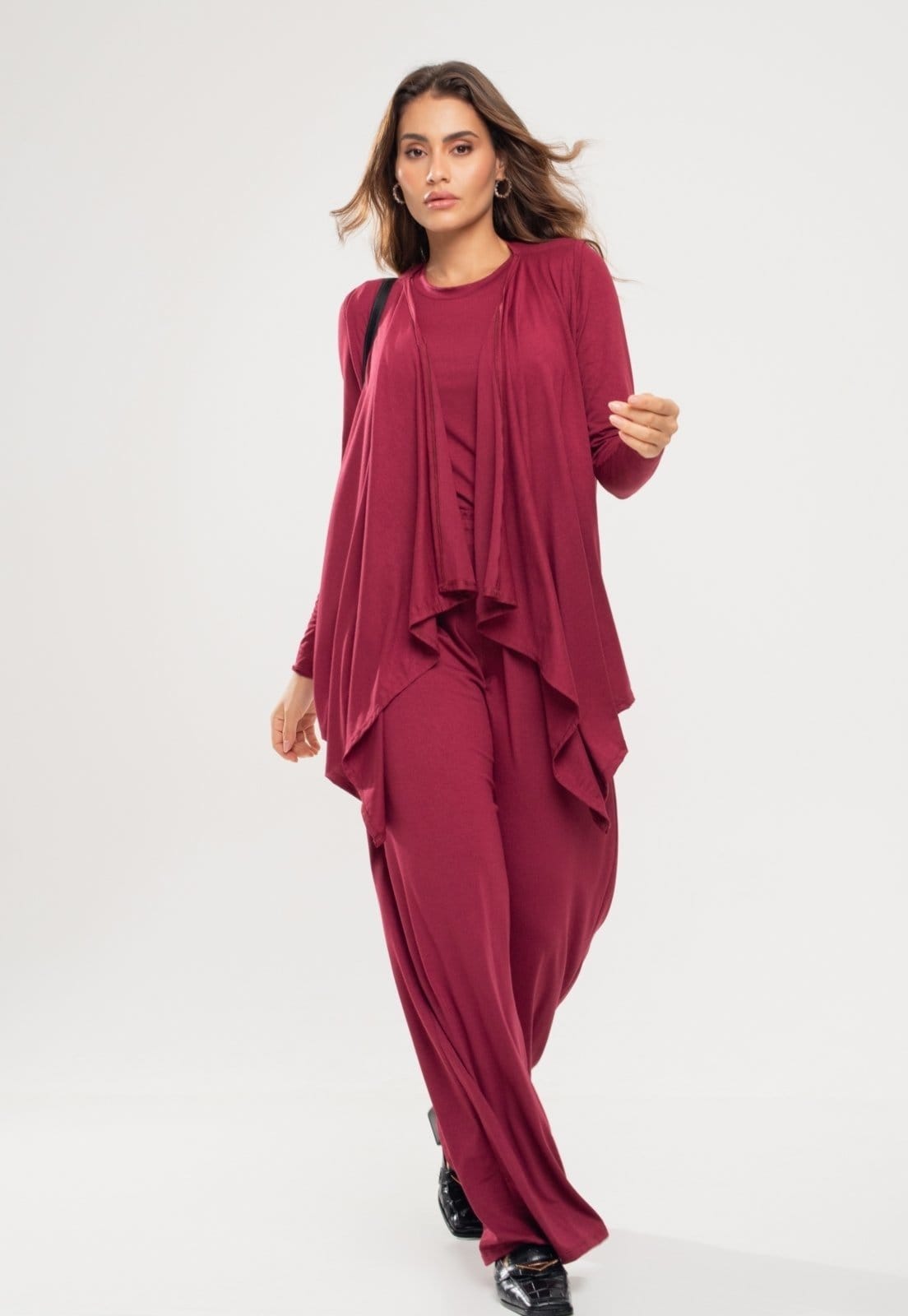 Conjunto Com Kimono, Blusa Manga Longa e Wide Leg Malha Salvatore Vinho