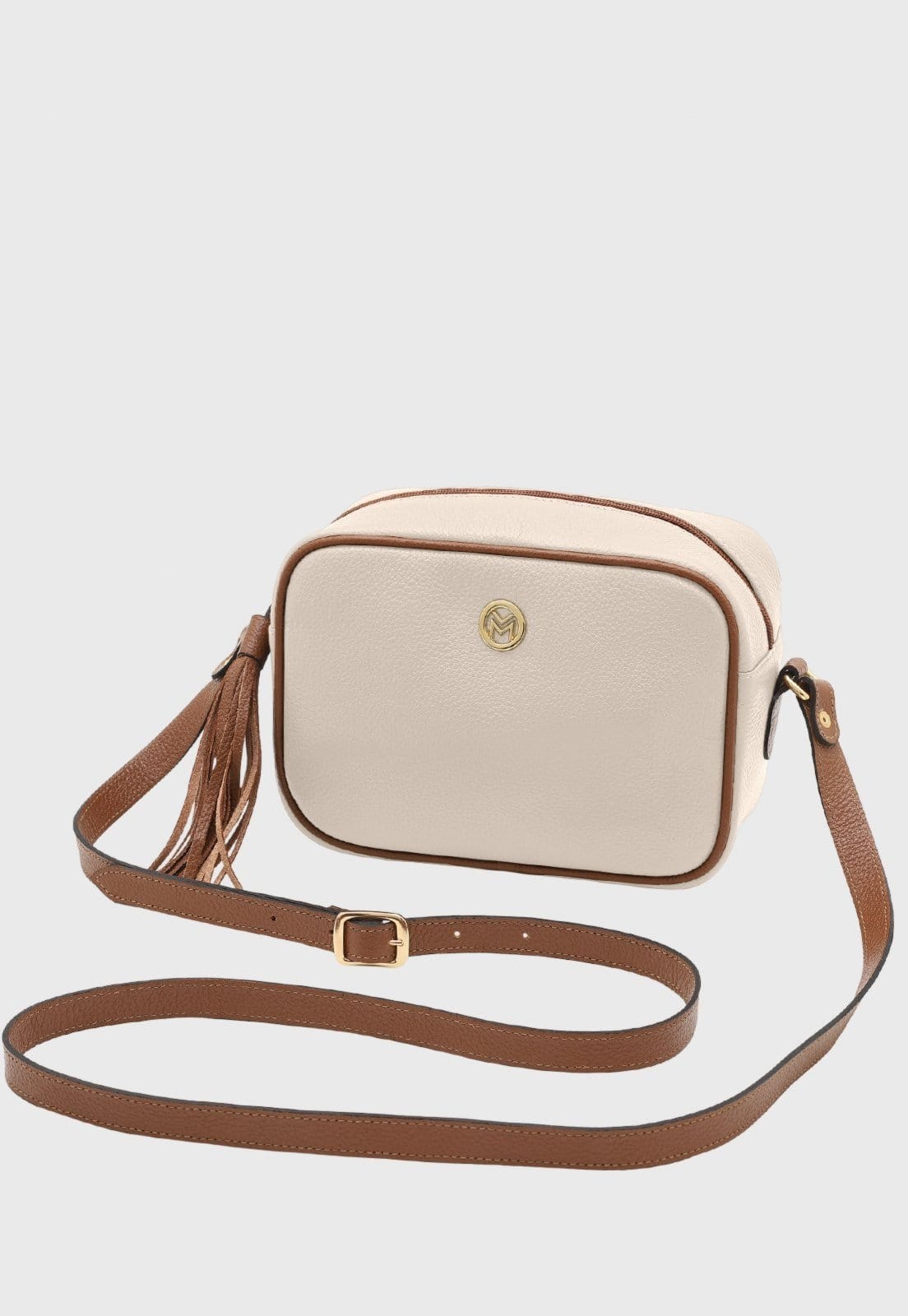 Bolsa Transversal de Couro Mariart Titânio Off White/Camel