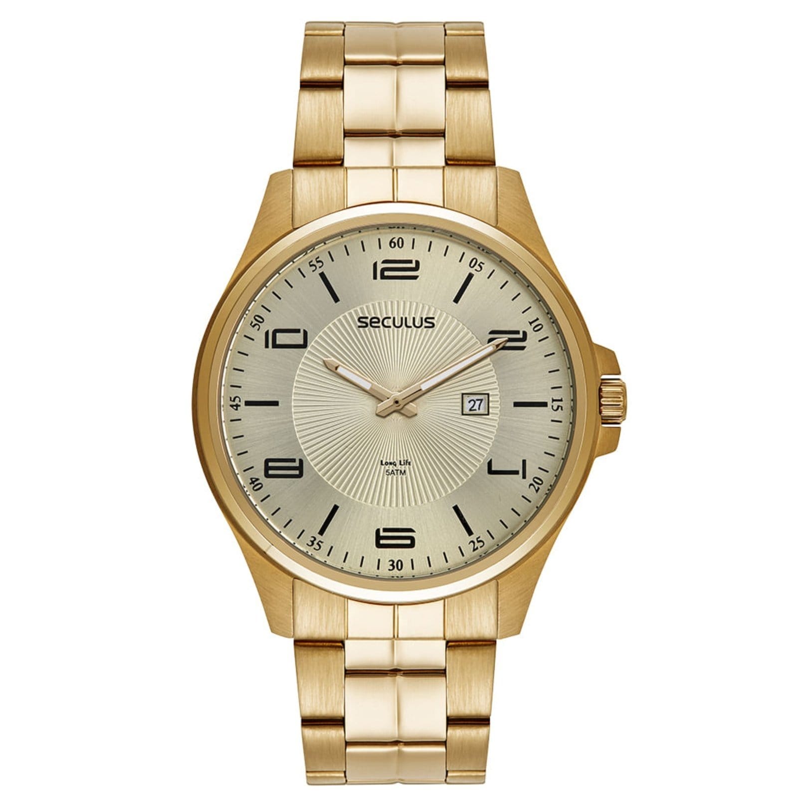 Vista 2 Kit Relógio Seculus Masculino Analógico Calendário com Bracelete Seculus dourado