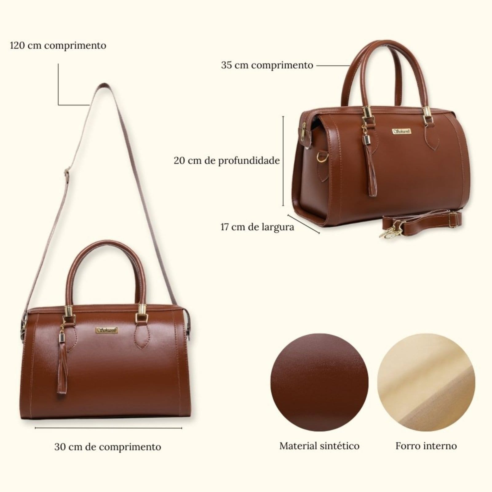 Vista 2 Bolsa Feminina Tira Colo Transversal Pequena Com Zíper 8130 luxo Casual Leve Schiareli caramelo/marrom