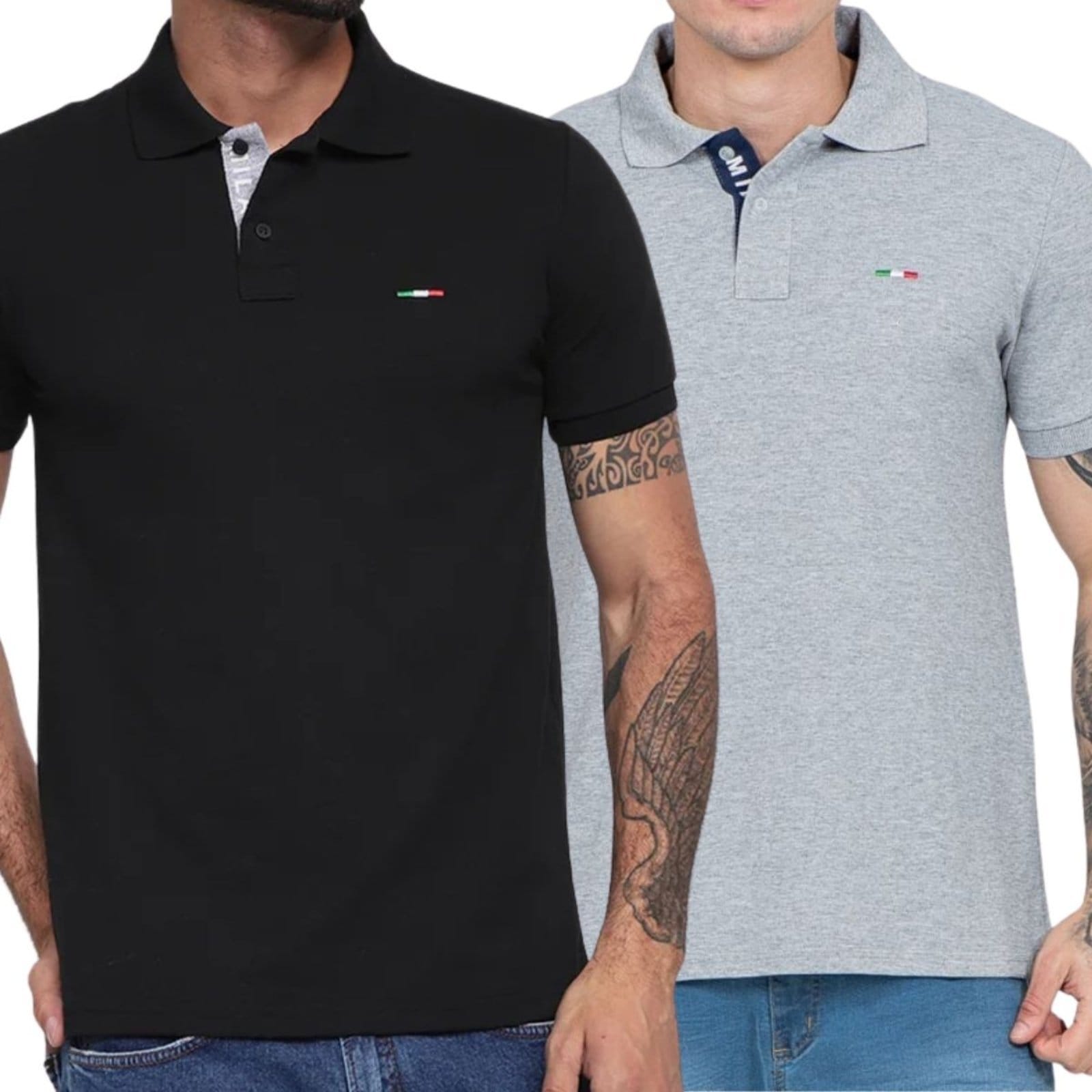 Kit 2 Polos Masculina Básicas FMF Piquet no Estilo Tommy Bordado Itália Preto Cinza