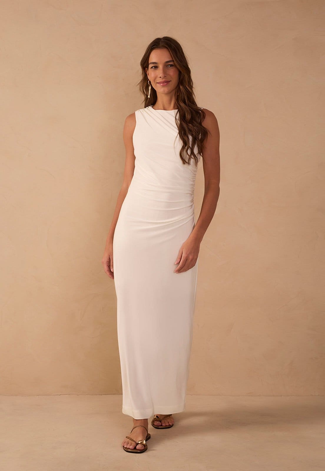 Vista 2 Vestido Feminino Dress To Drapeado Longo Off-White Dress to off-white white