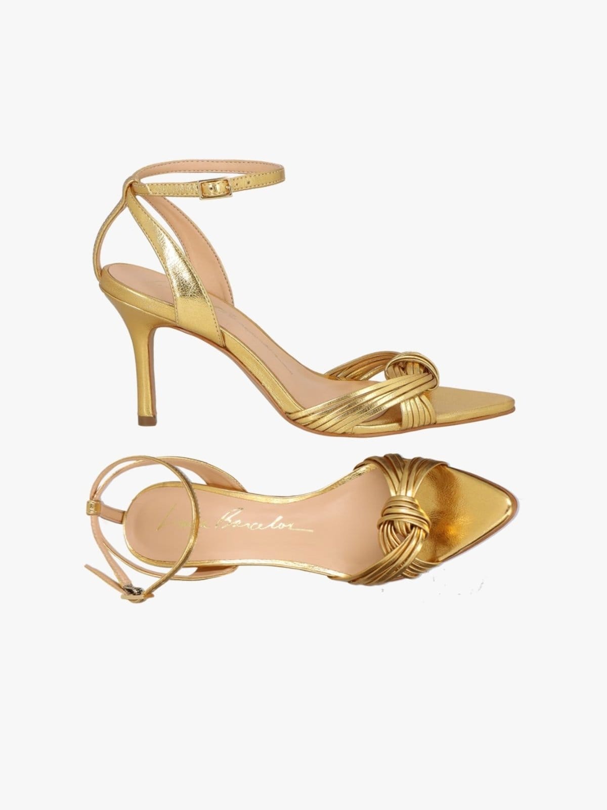 Vista 2 Sandália Luiza Barcelos Salto Fino Alto Em couro Com TIras Finas Cruzadas Luiza Barcelos dourado