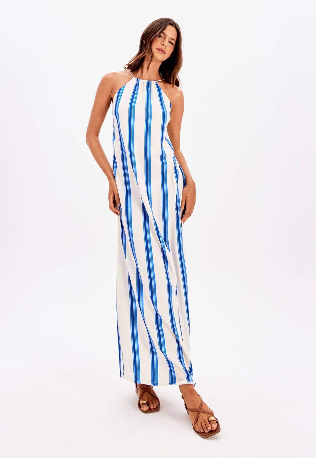 Vestido My Favorite Longo Listrado com Lenço Off-White