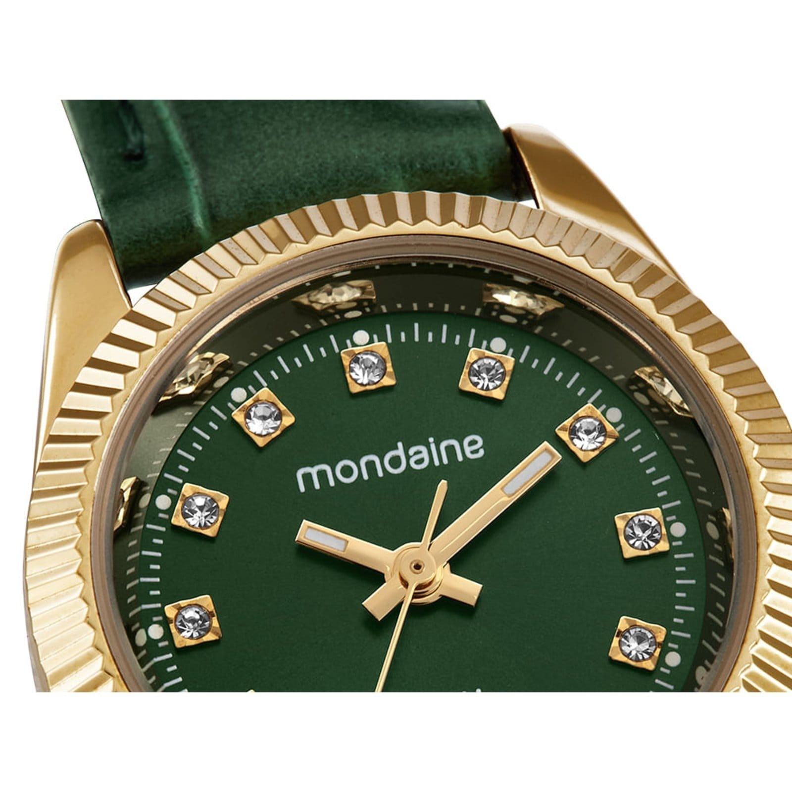 Vista 2 Relógio Feminino Caixa Pequena Couro Dourado e Mondaine verde