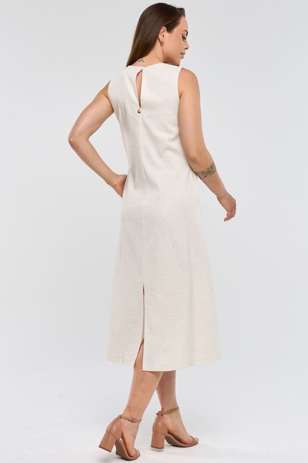 Vestido Midi PKS Com Bolsos Linho Natural