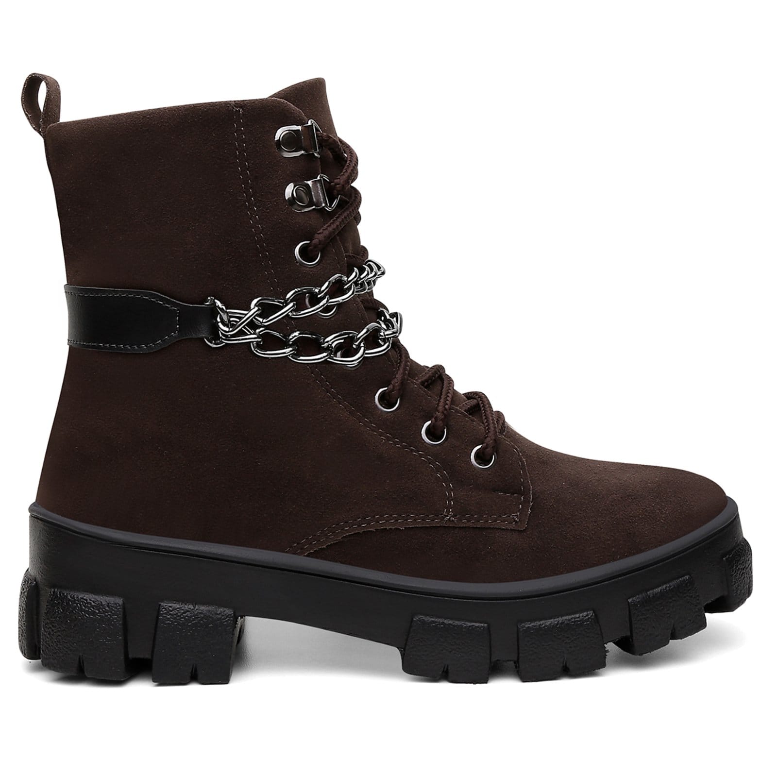 Vista 2 Bota Coturno Tratorada Feminina Café Marrom Camurça Correntes Moda Santa Rosa café rosa