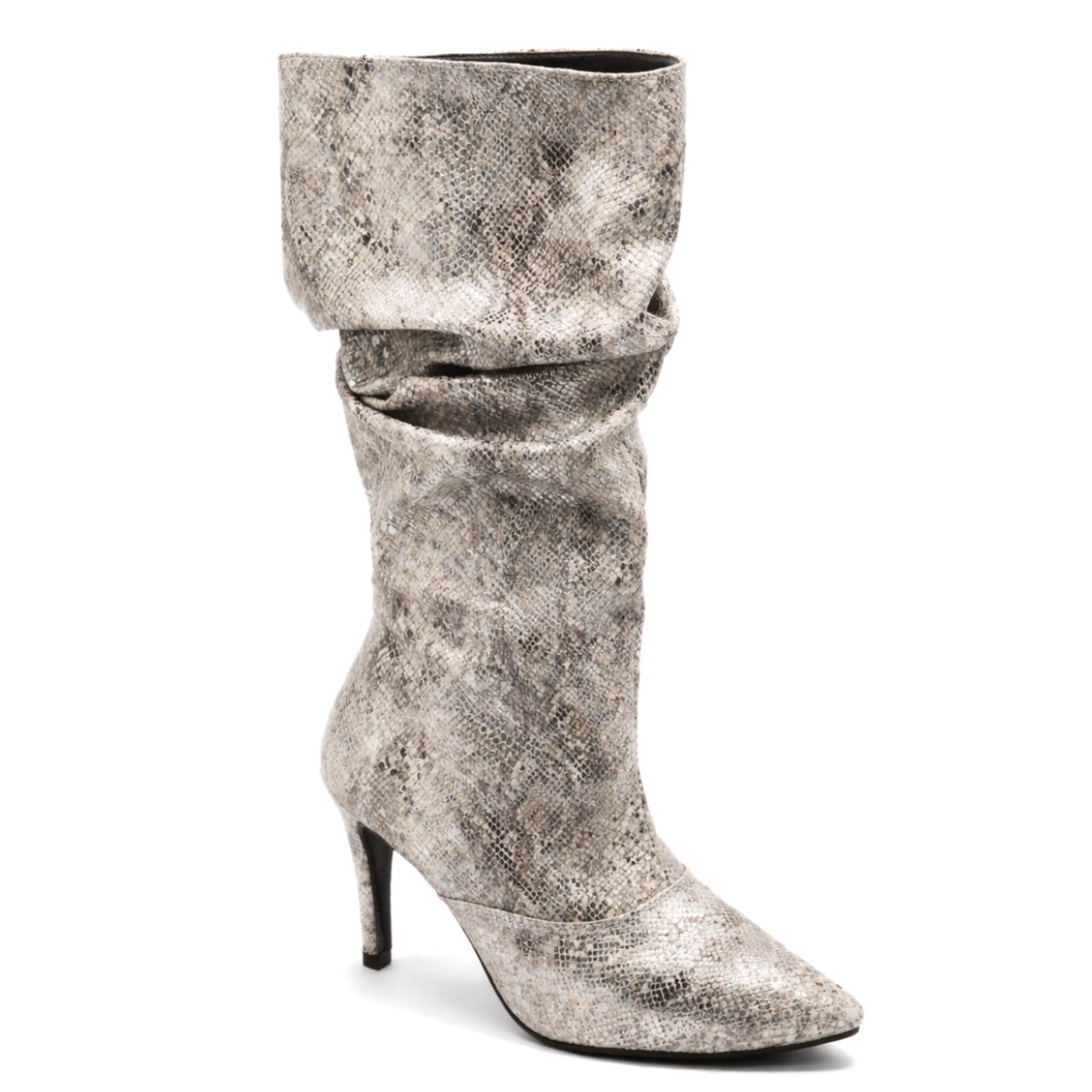 Vista 2 Bota Feminina Cano Longo Slouchy Salto Fino Sete Sales 1714 Snake Cobra Metalizada Sete Sales cinza/prata