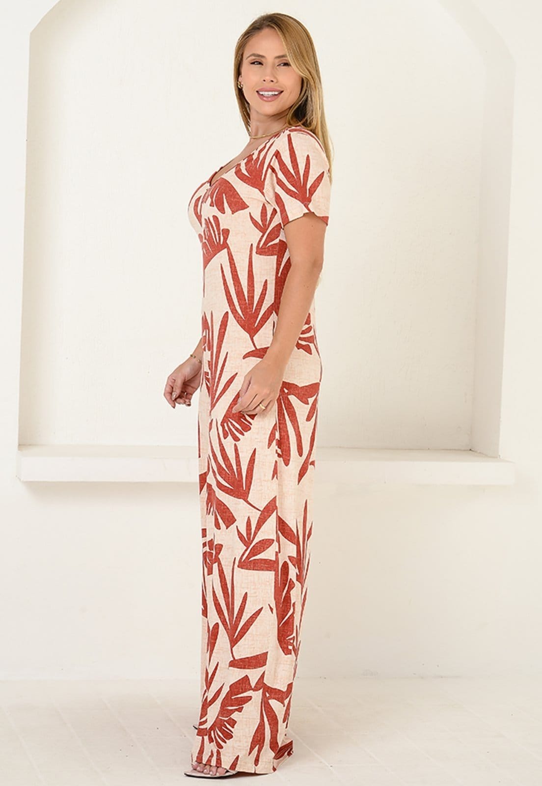 Vista 2 Macacão Pantalona C Bolsos BBonnie Esther Estampa Vermelha BBonnie estampado