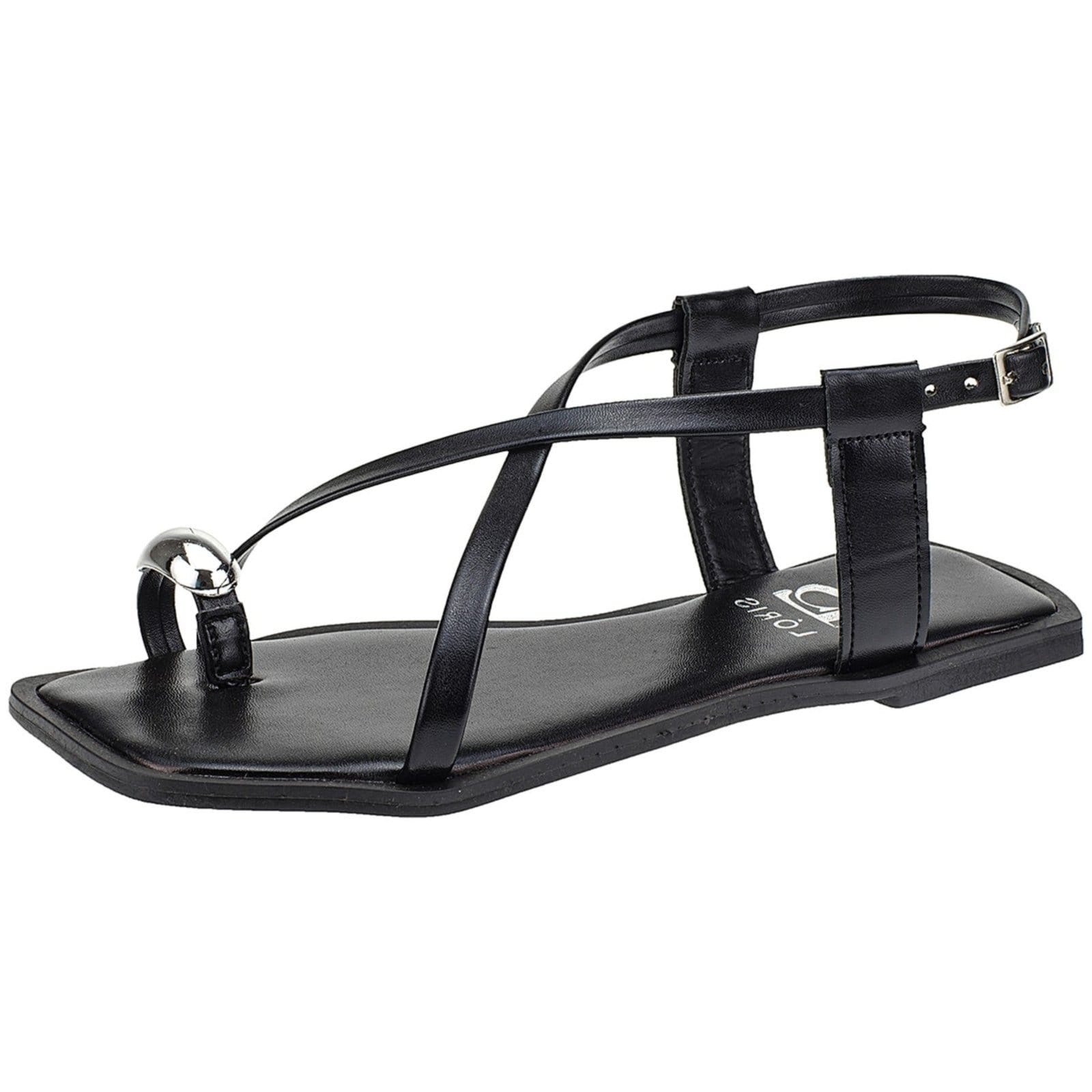 Vista 2 Sandália Lóris Shoes Rasteira de Tiras com Enfeite ABS Dourado Confortável Rasteirinha 3988 LÓRIS SHOES preto