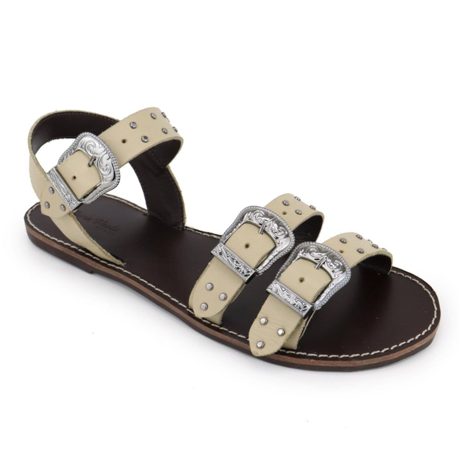 Vista 2 Sandália Rasteira Fivelas Country Feminina em Couro Maria Paula Champagne MARIA PAULA amarelo champagne