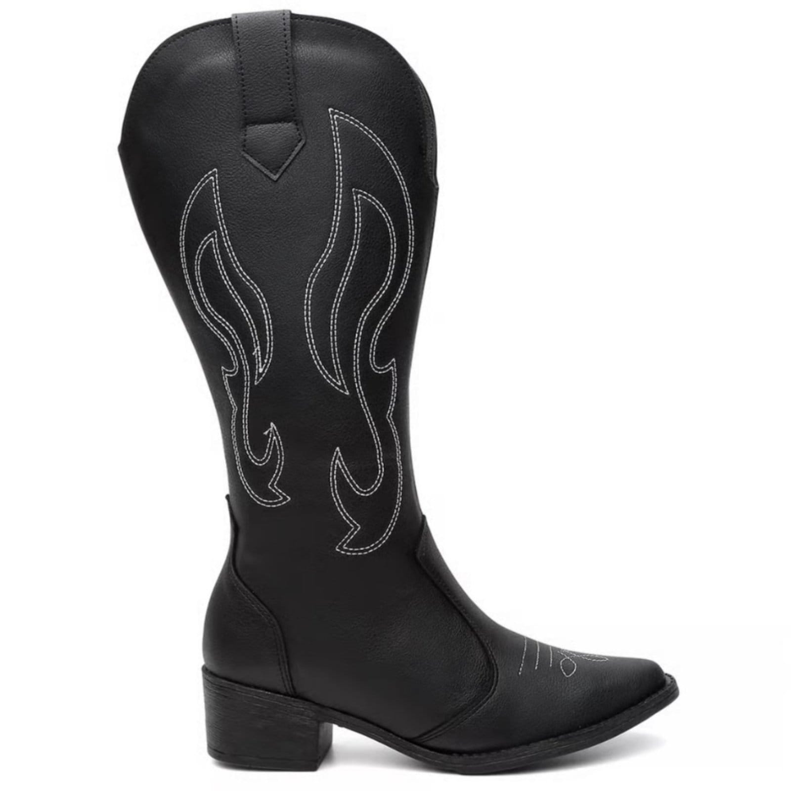 Vista 2 Bota Feminina Cano Alto Texana Western Bico Fino Bordada Salto Baixo Country Preta ROMEU E JULIETA SHOES preto