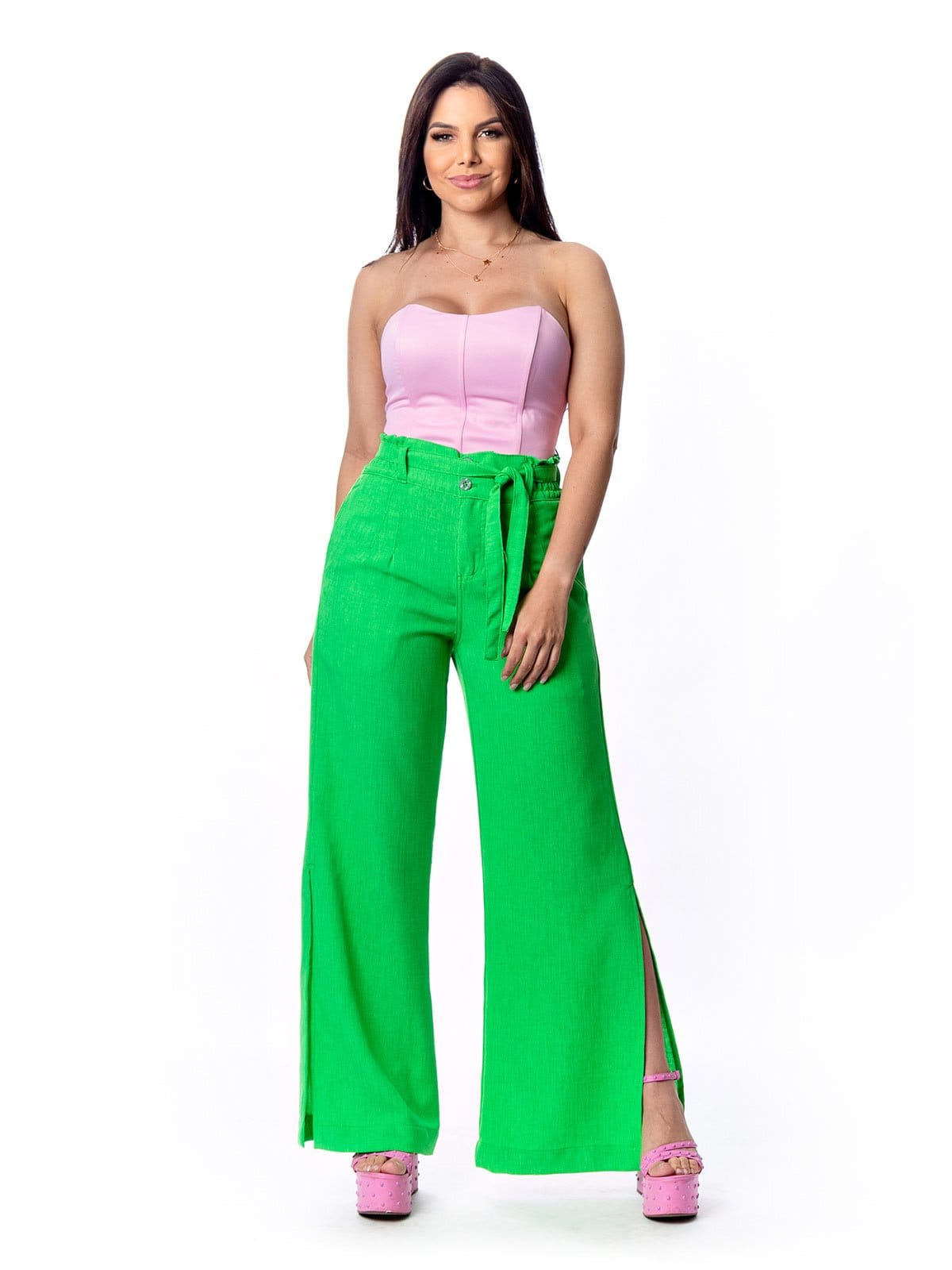 Vista principal Calça Pantalona Restrito Jeans Social Com Lastex - VERDE Restrito Jeans preto verde