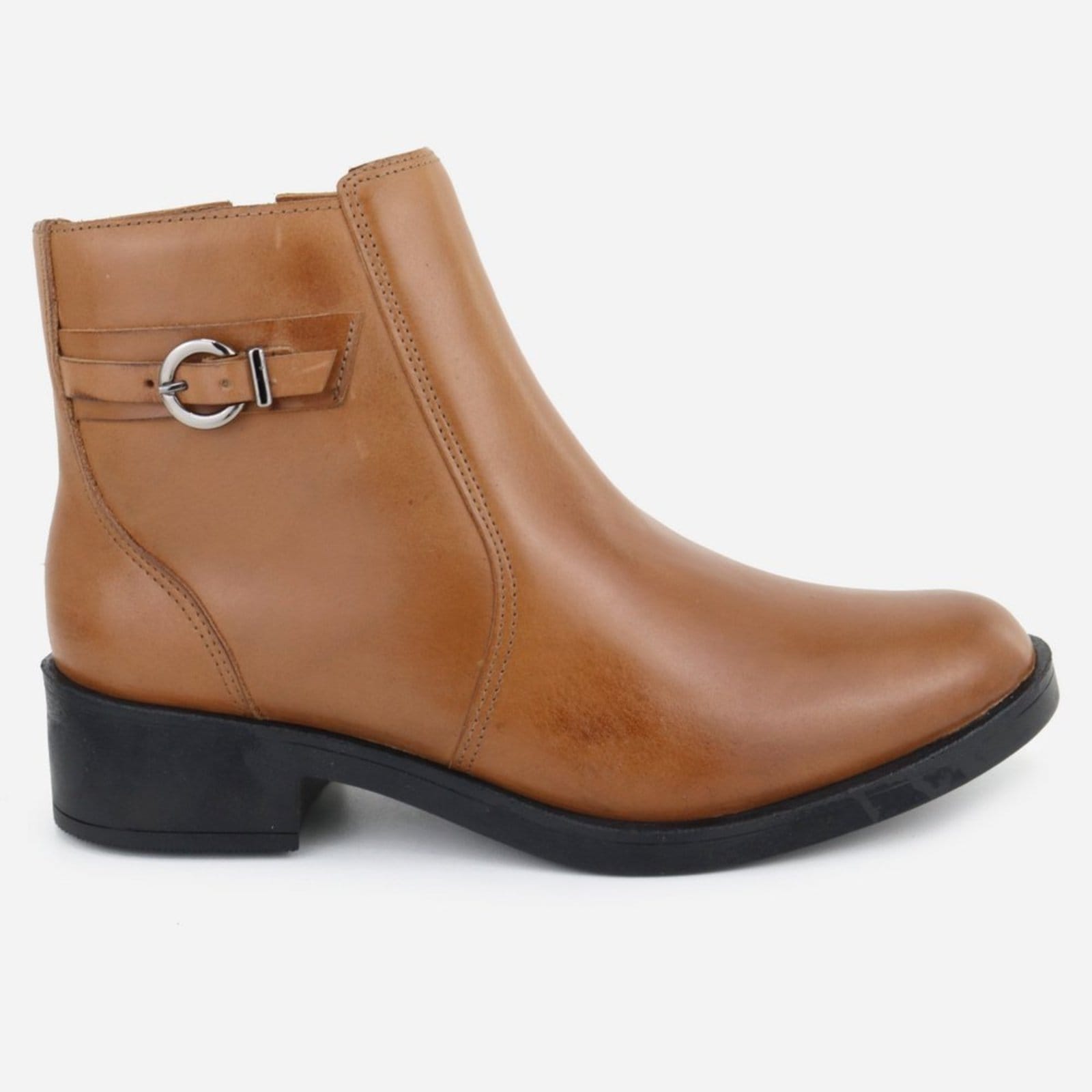 Vista 2 Bota Botinha Couro Maria Paula Cano Baixo Confortável Camel MARIA PAULA amarelo