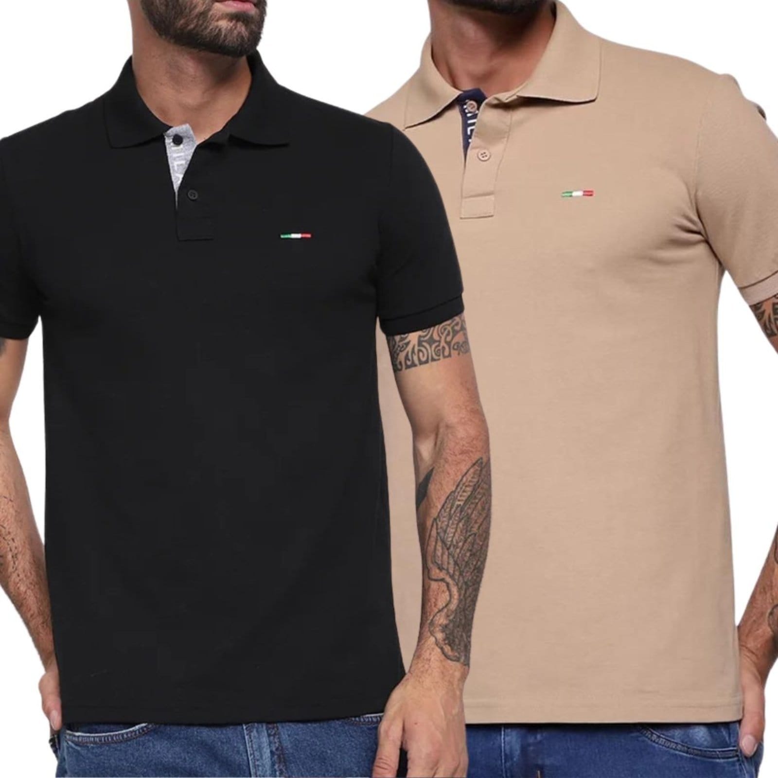 Kit 2 Polos Masculina Básicas FMF Piquet no Estilo Tommy Bordado Itália Preto Bege