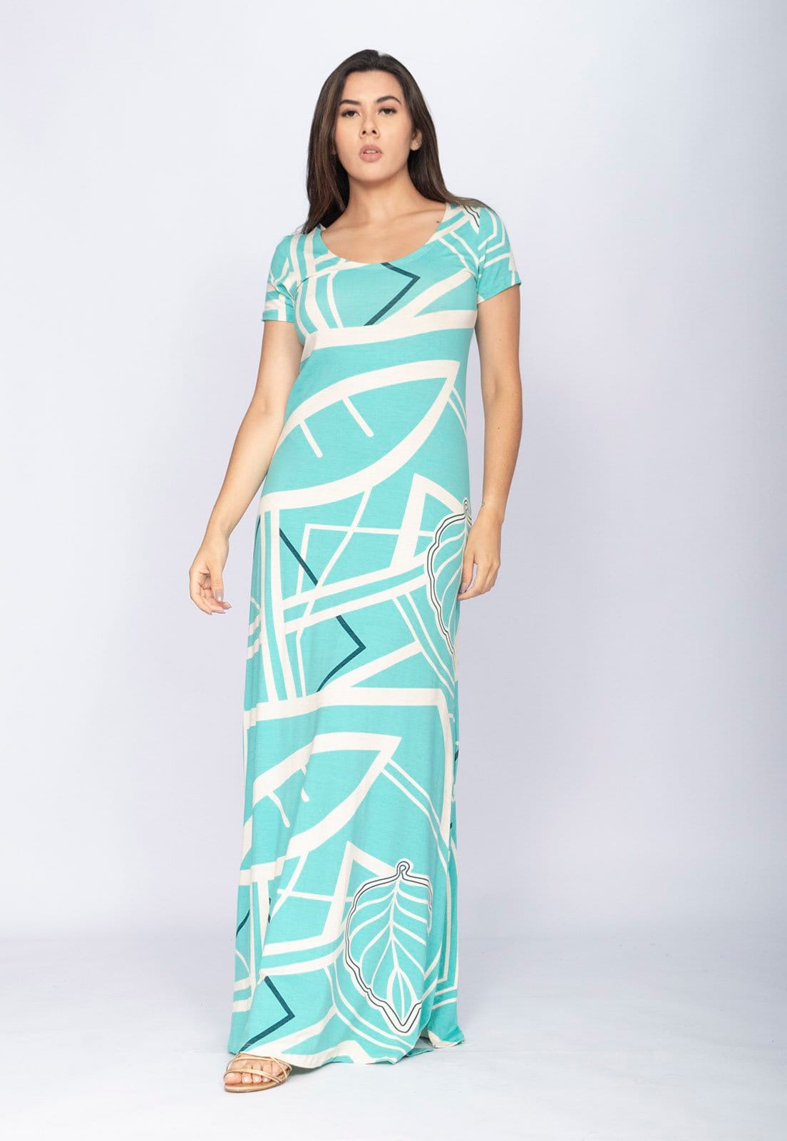 Vestido CabanaFree Longo Malha Gola Canoa Manga Curta Estampa Aqua Flora