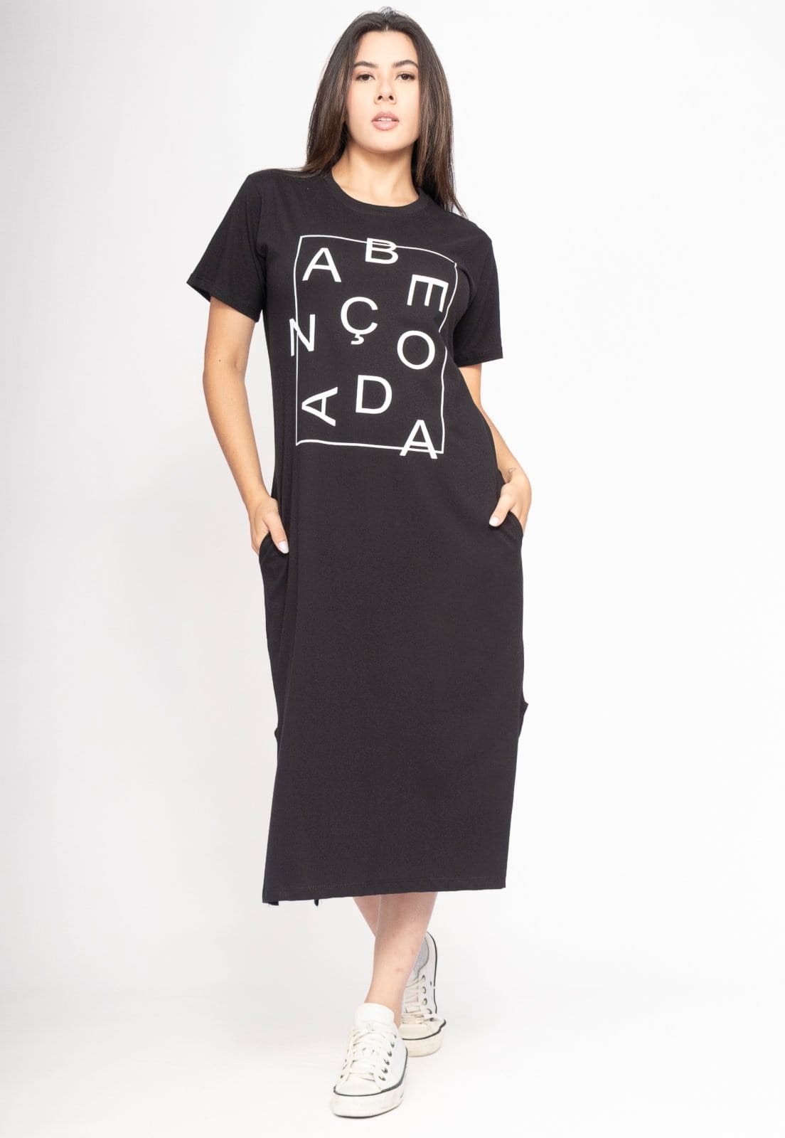 Vista 2 Vestido CabanaFree Midi Algodão Manga Curta Moda Evangélica Noite Amazônica Cabanafree preto