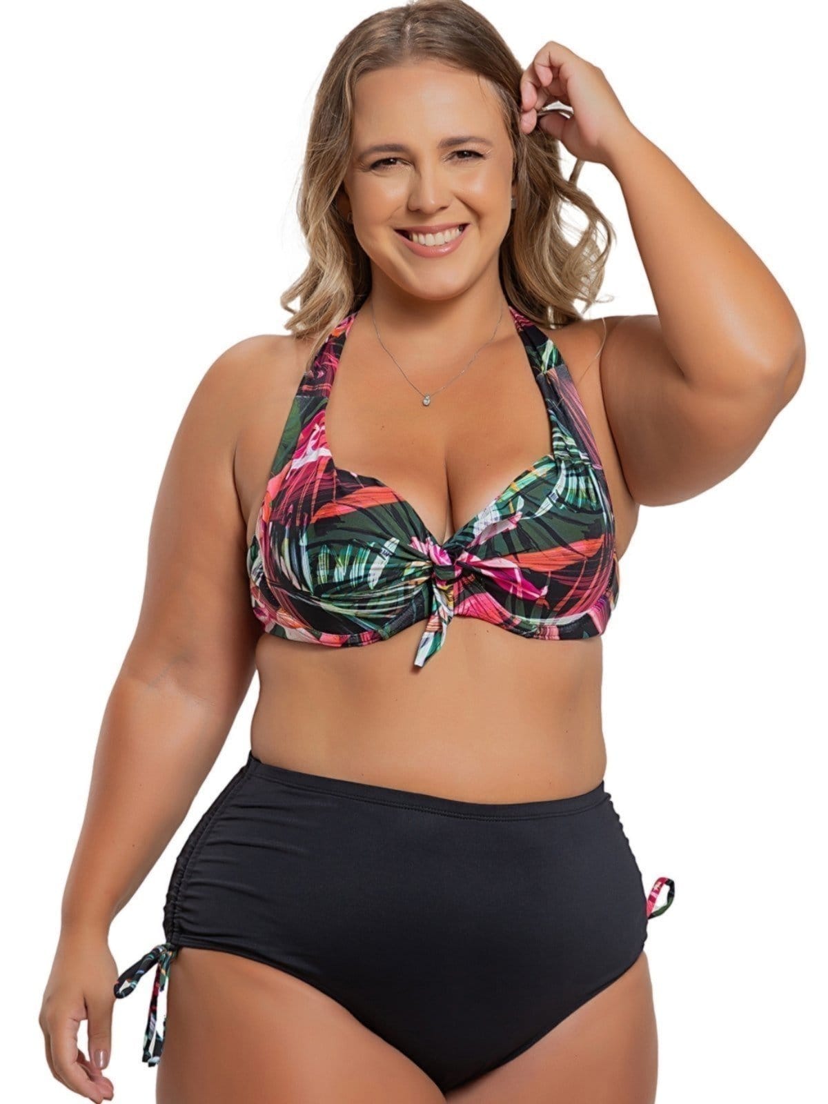 Vista 2 Biquíni Plus Size Orla da Praia Com Bojo Meia Taça Busto E Calcinha Drapeada Orla da Praia azul marinho/coral/estampado/floral/laranja/multicolorido/verde/verde militar/vermelho