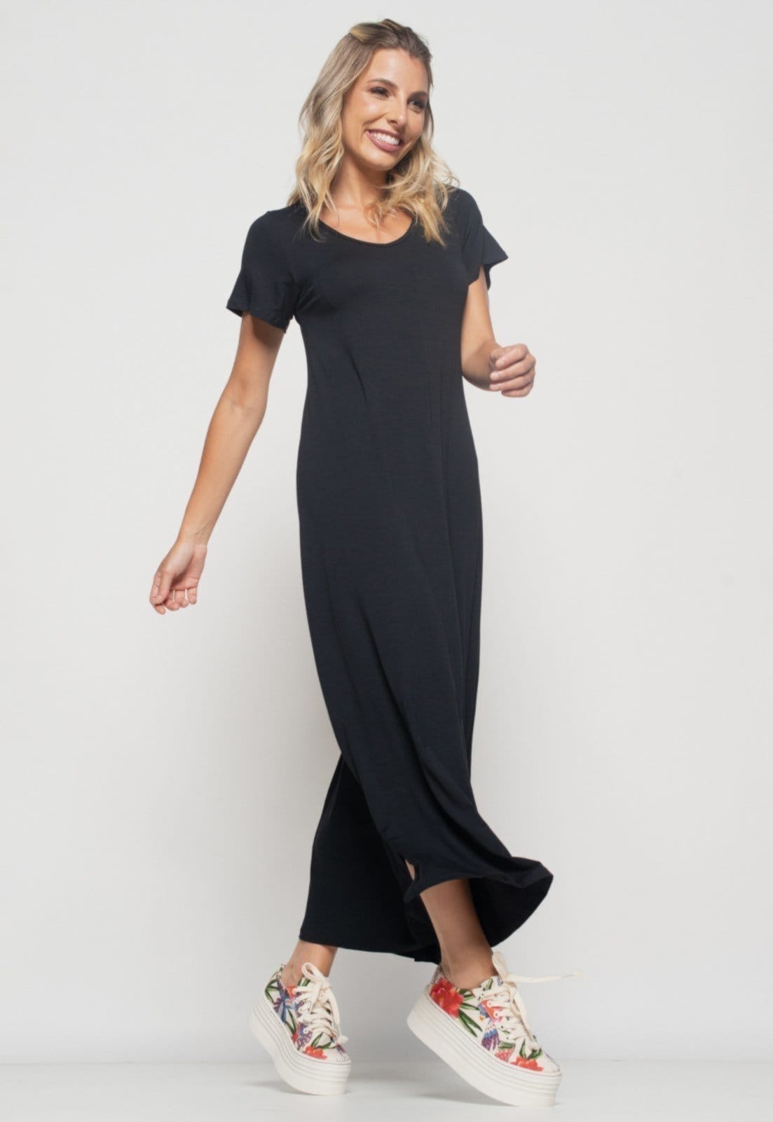 Vista 2 Vestido Salvatore Longo Manga Curta Malha Salvatore Fashion preto