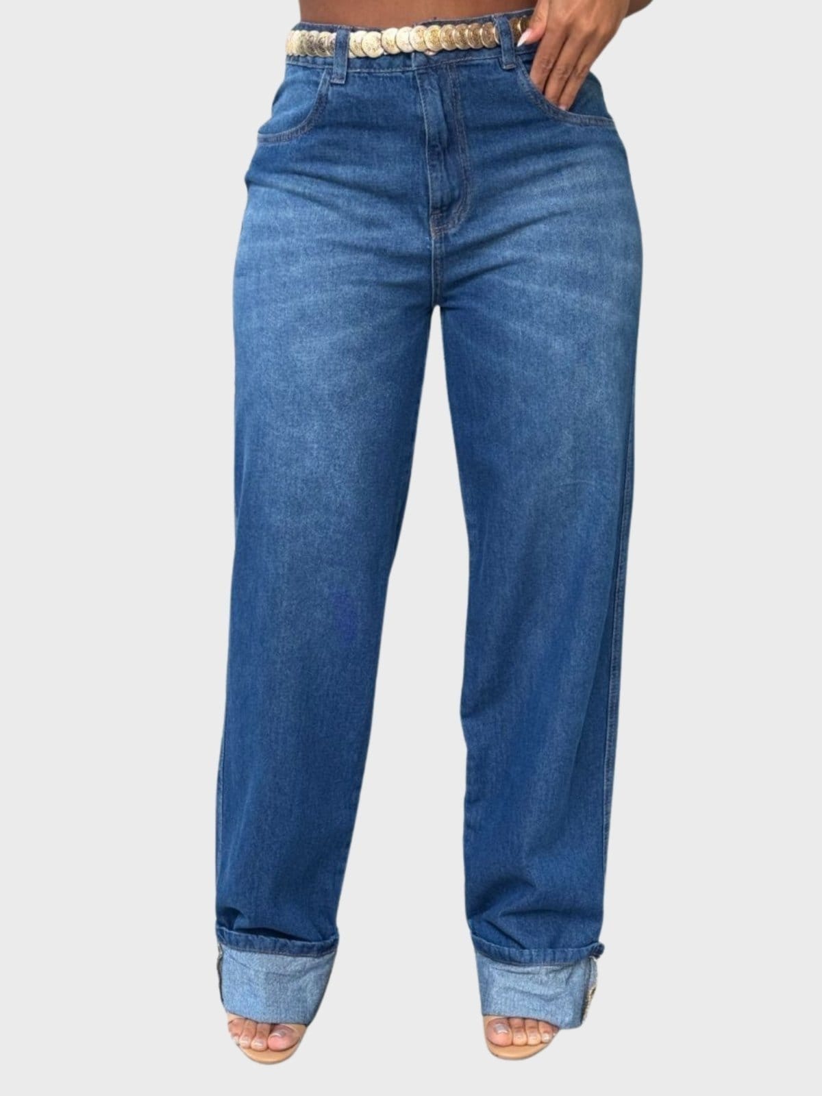 Calça Feminina Jeans Reta Barra Dobrada Cintura Alta com Bolsos