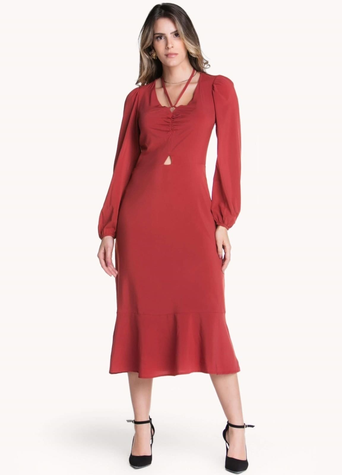 VESTIDO MIDI COM DECOTE FRANZIDO