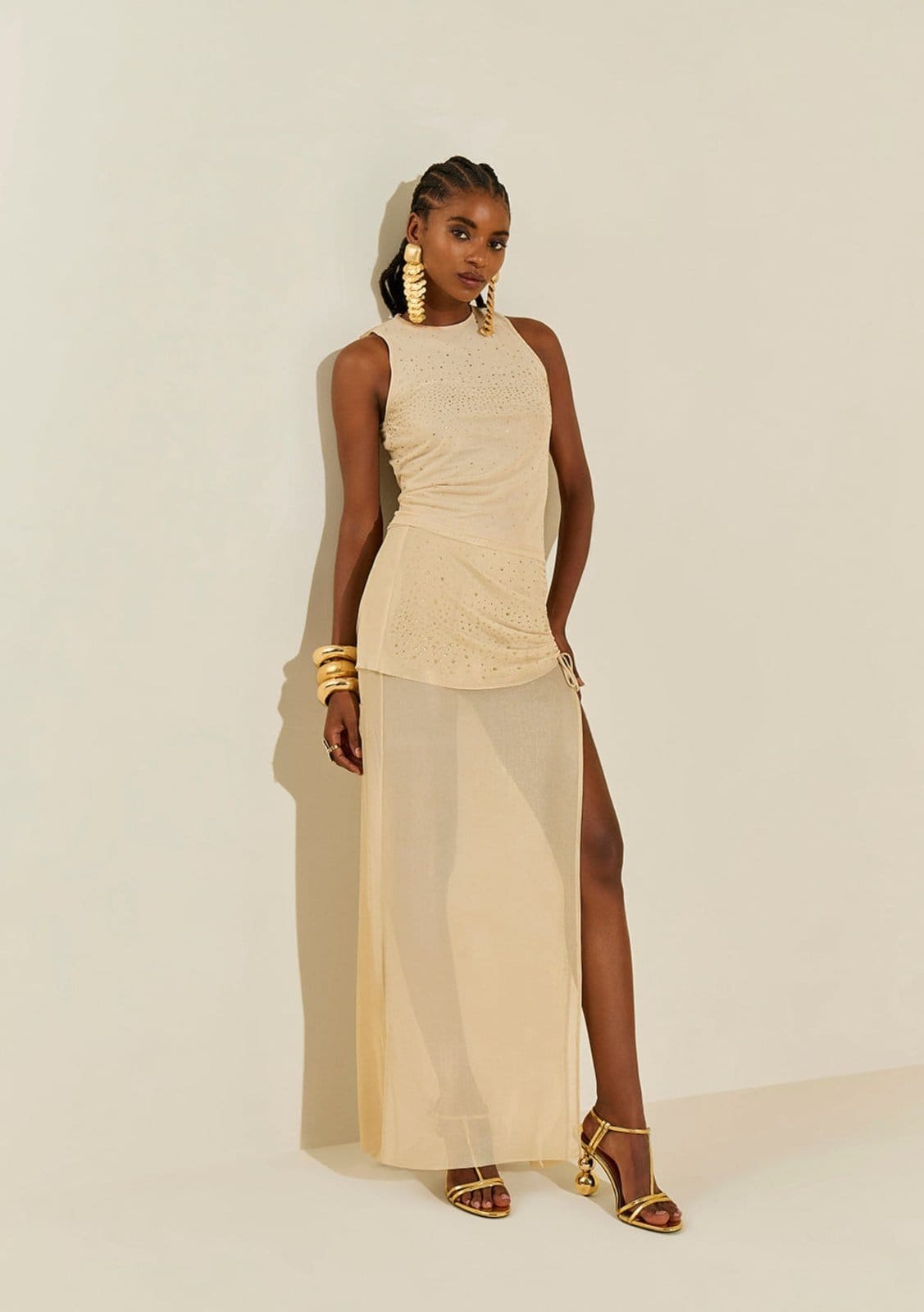 Saia Morena Rosa Reta Baixa Longa Bege