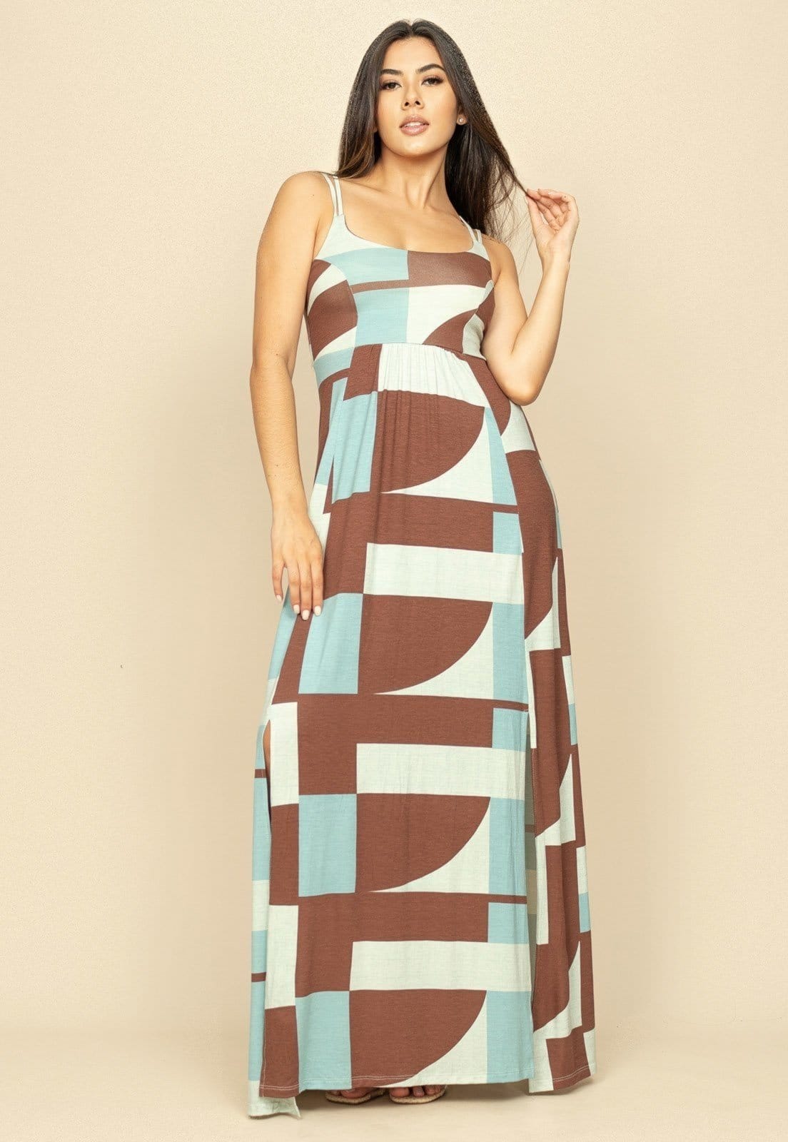 Vista 2 Vestido Longo Jambo Malha Aberturas Estampa Santa Rosa do Tocantins Cabanafree azul/estampado rosa