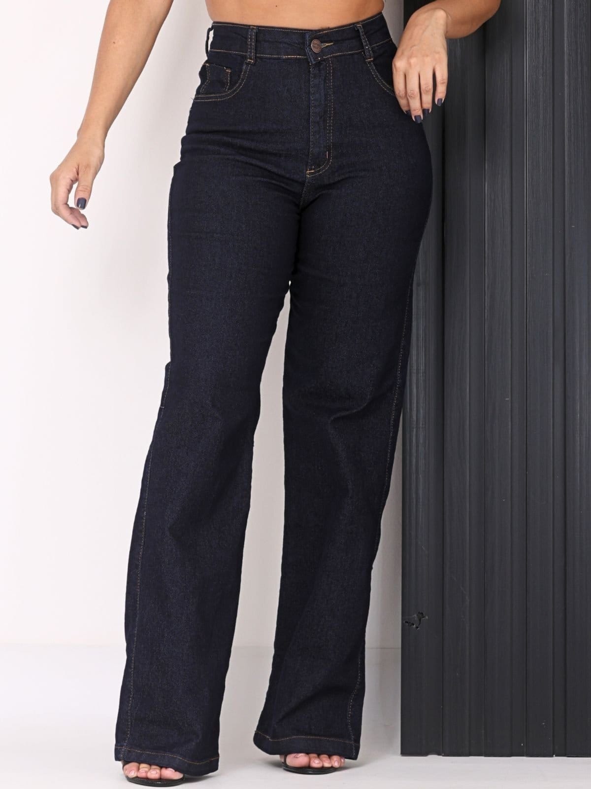 Calça Donna De Paula Wide Leg Jeans Escura Com Elastano Cintura Alta Pantalona