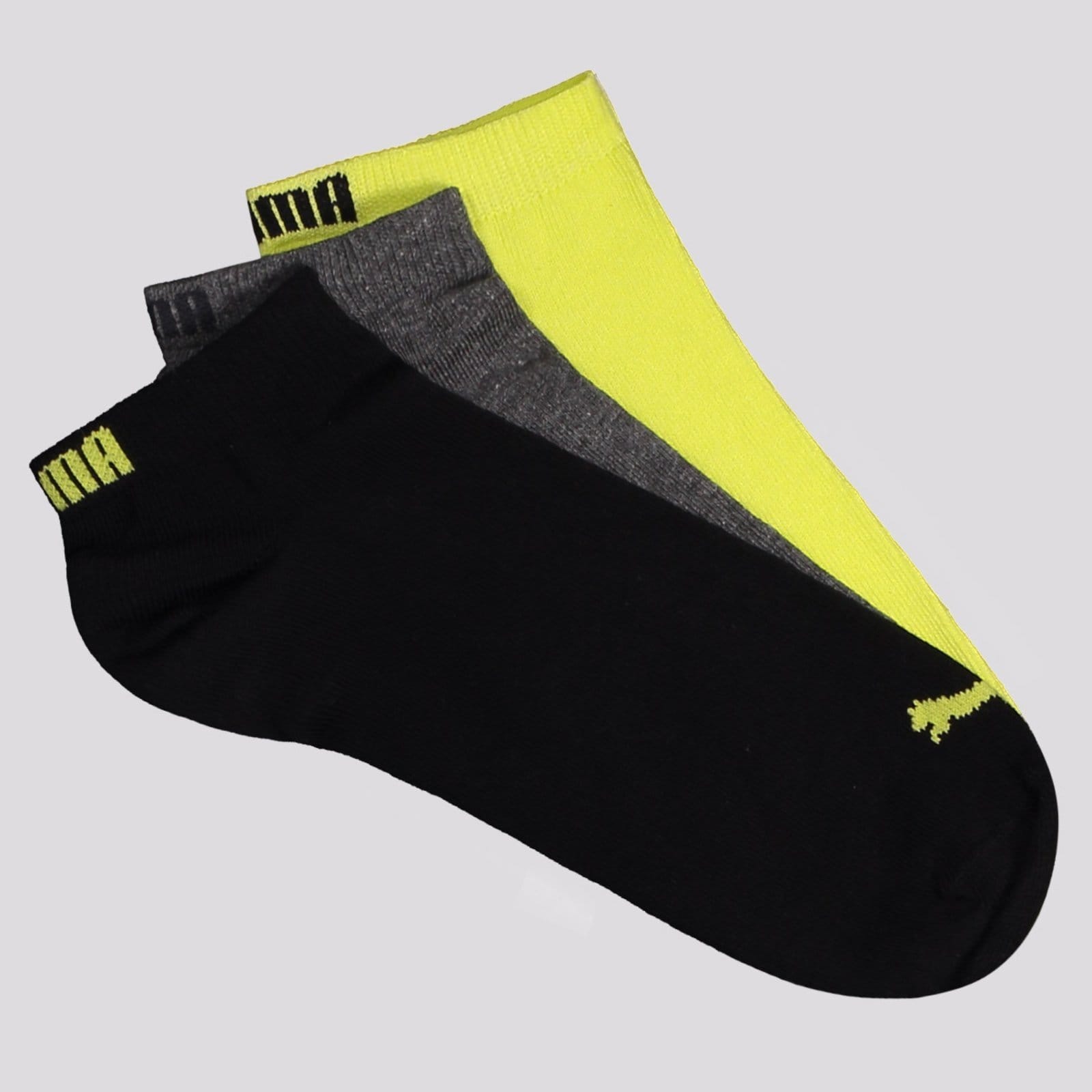 Kit Meia Puma Sapatilha 3 Preta Cinza e Amarelo