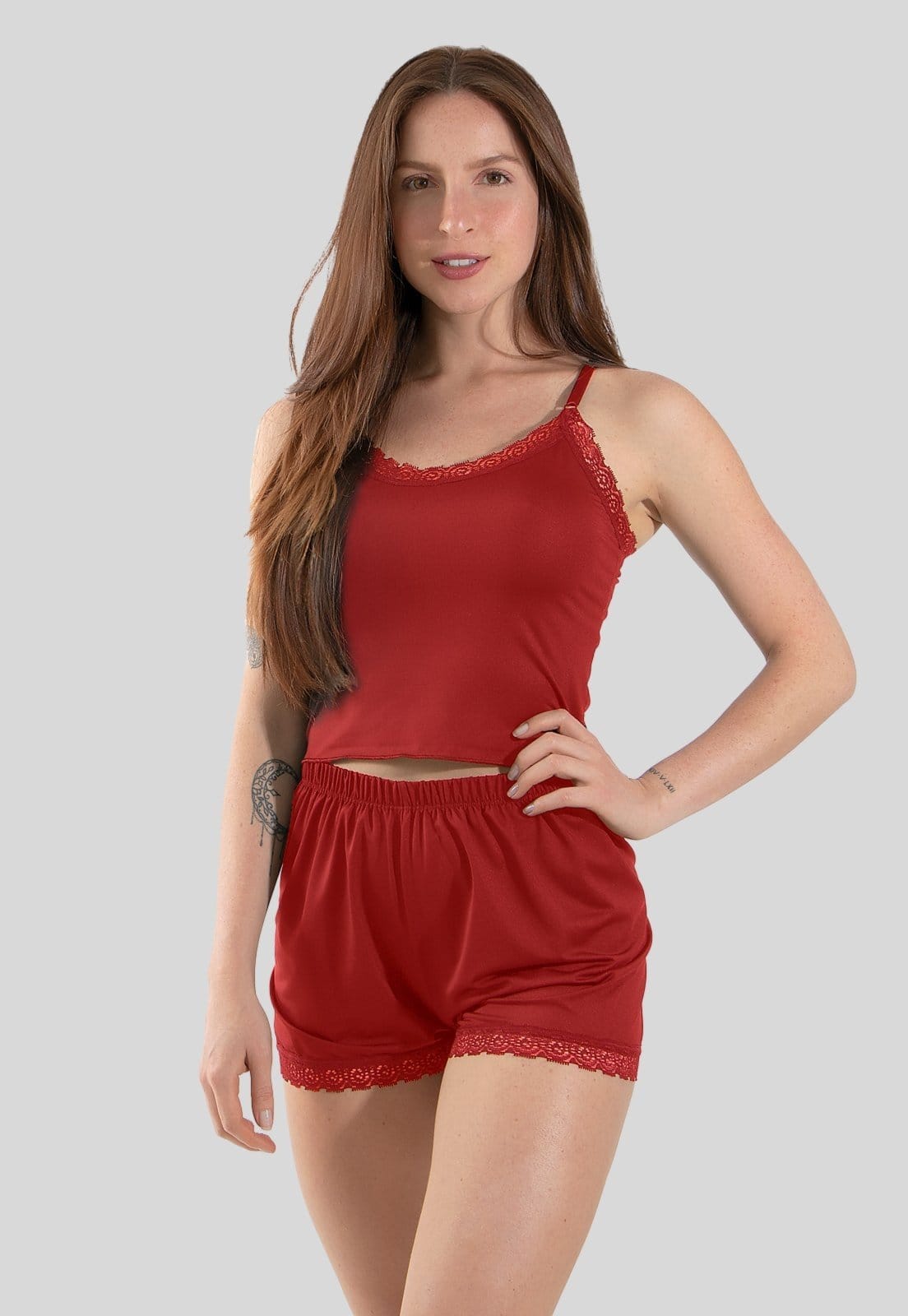 Vista 2 Pijama Feminino Curto Linha Noite Short Doll com Renda Linha Noite vermelho
