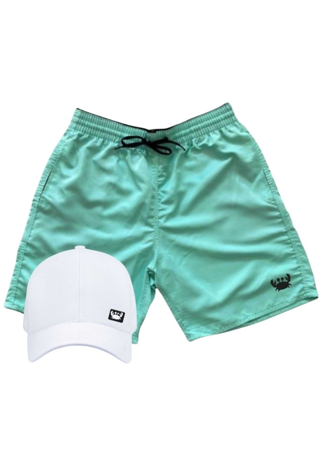 Kit Short Moda Praia De Tactel Relaxado Liso Masculino + Boné