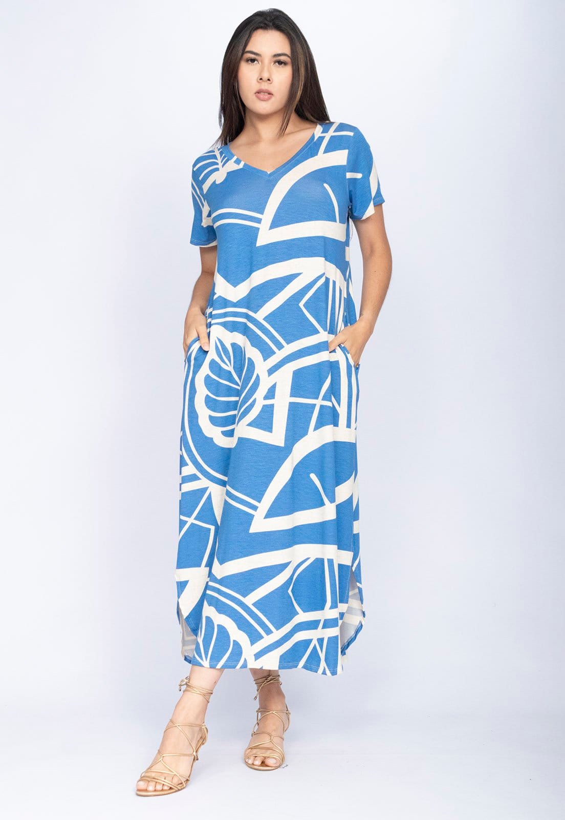 Vestido CabanaFree Midi Abapã Malha com Bolso Estampa Lagoa Botânica