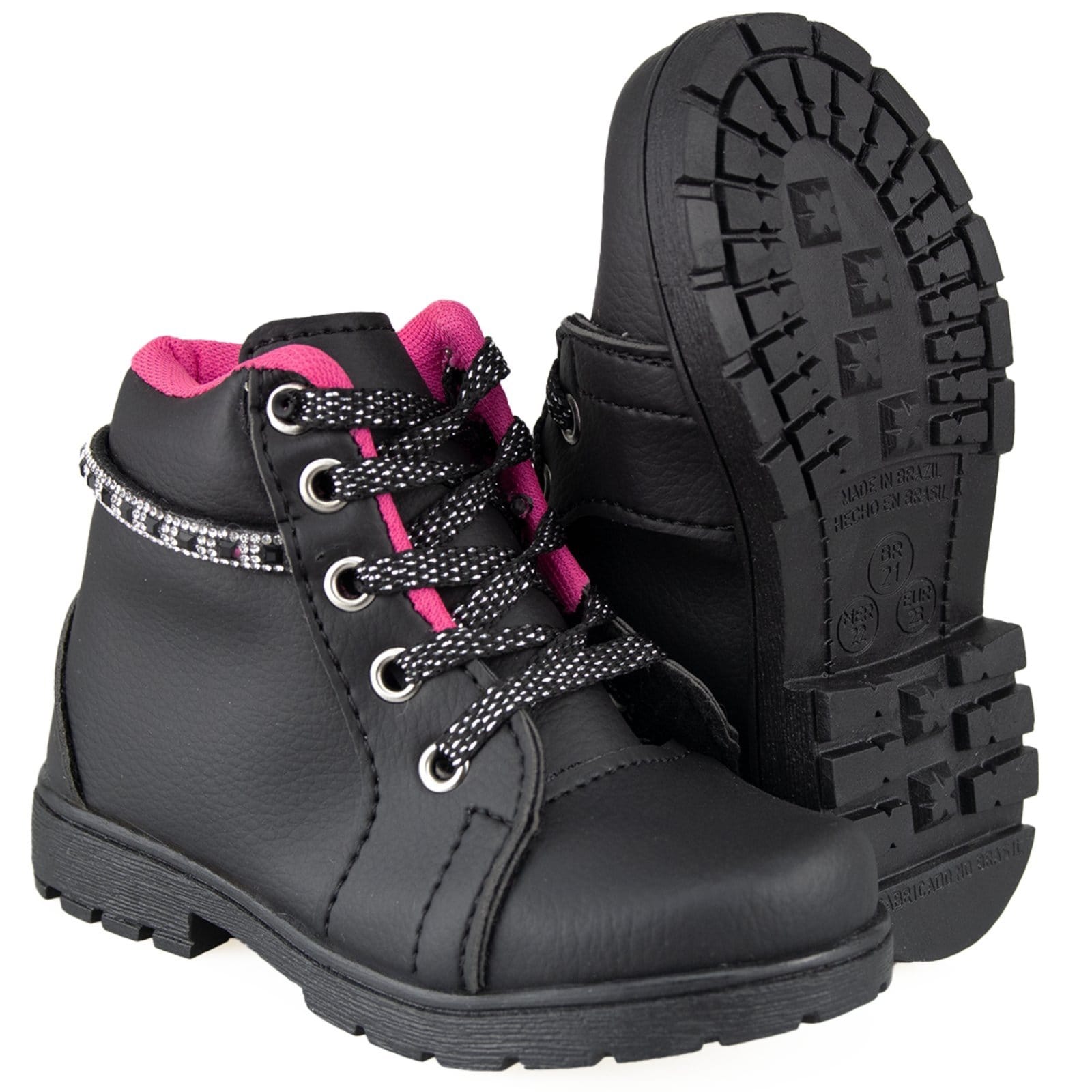 Vista 2 Infantil - Bota Tribo Guri Menina Blogueirinha Strass Estilosa Brilho Delicada Confortável Moda 20 ao Preto/Pink Tribo Guri preto pink