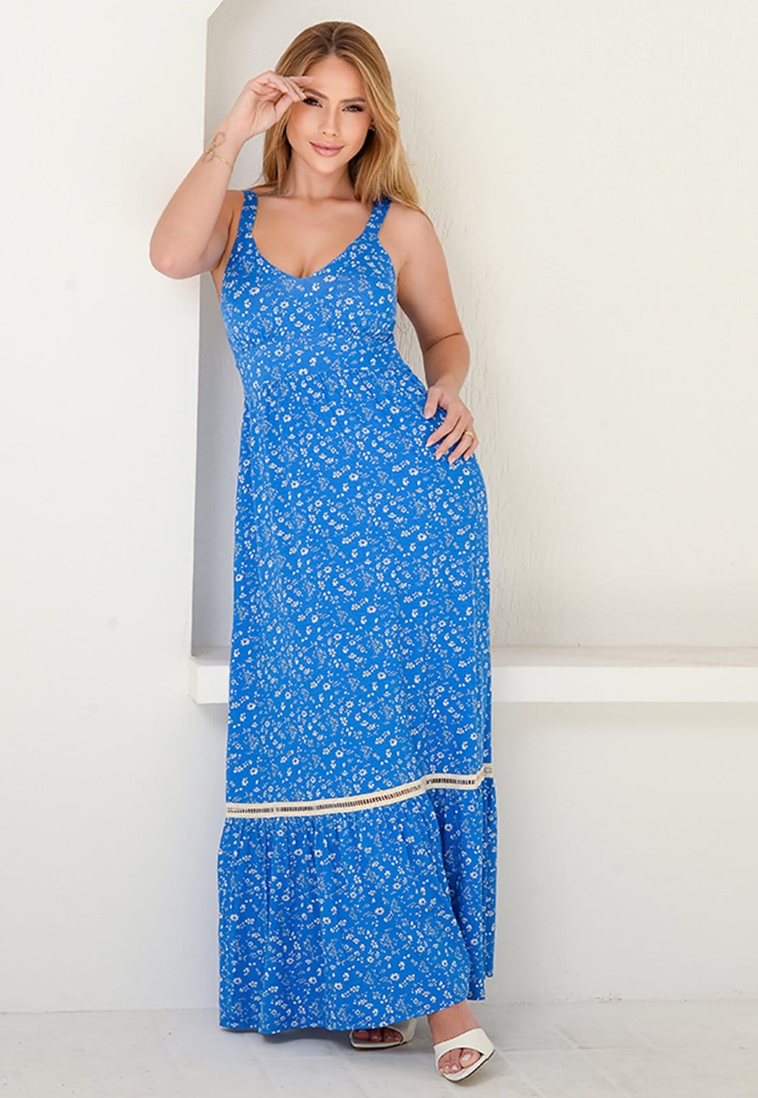 Vestido Longo Alça Barra Guipir com Bojo BBonnie Sarah Floral