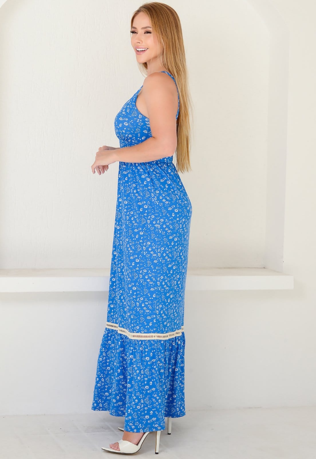 Vista 2 Vestido Longo Alça Barra Guipir com Bojo BBonnie Sarah Floral BBonnie azul