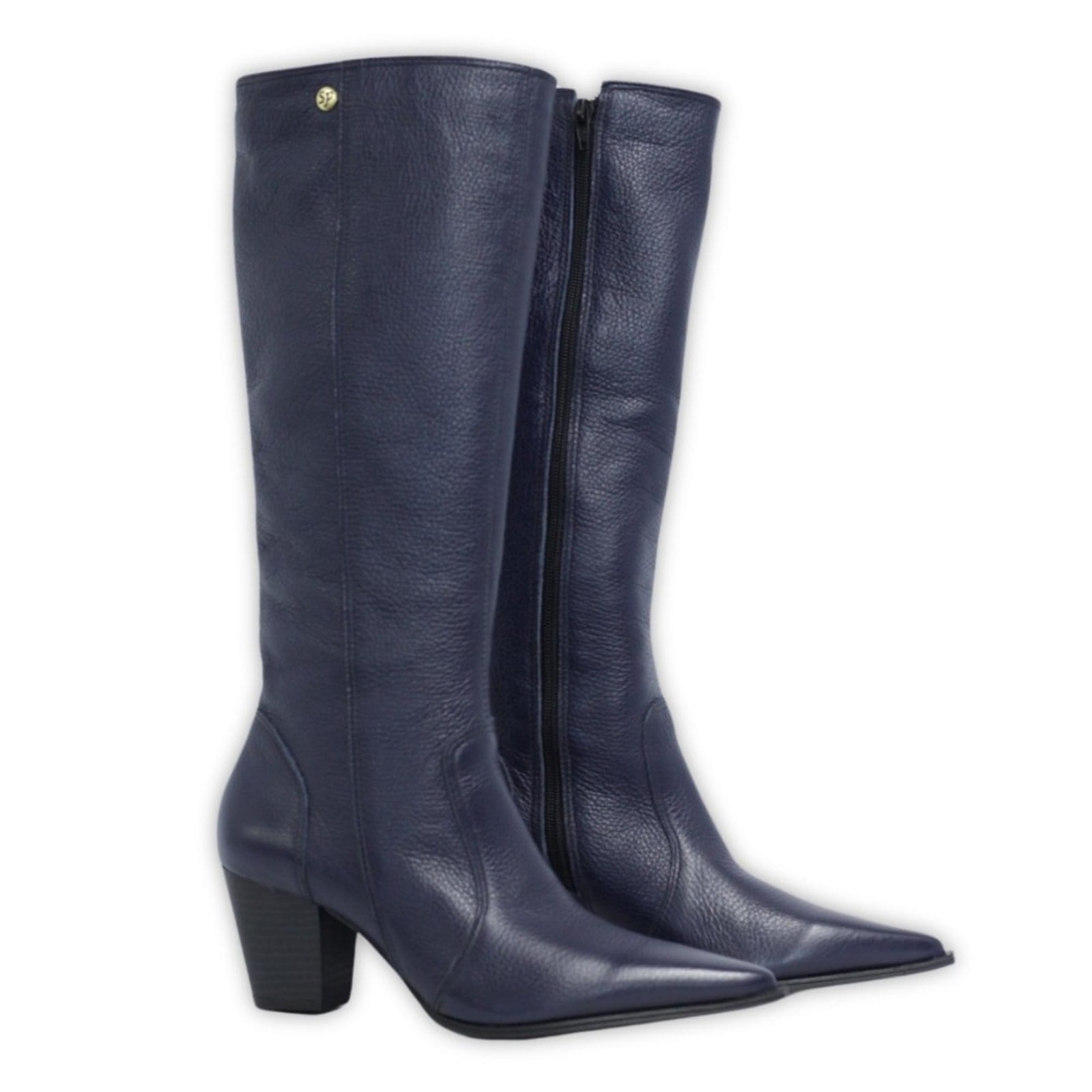 Vista 2 Bota Feminina Bico Fino Com Vira Cano Longo Couro Salto 6 CM Spinelli azul