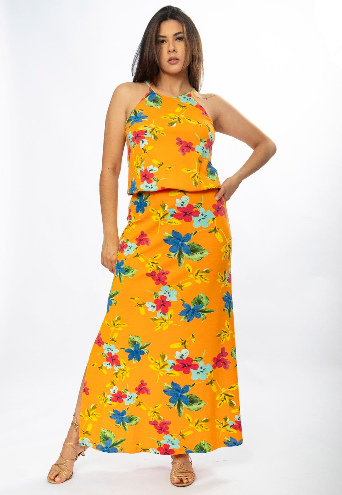 Vestido Longo Cabanafree Malha Trapézio com Elástico na Cintura Laranja Floral