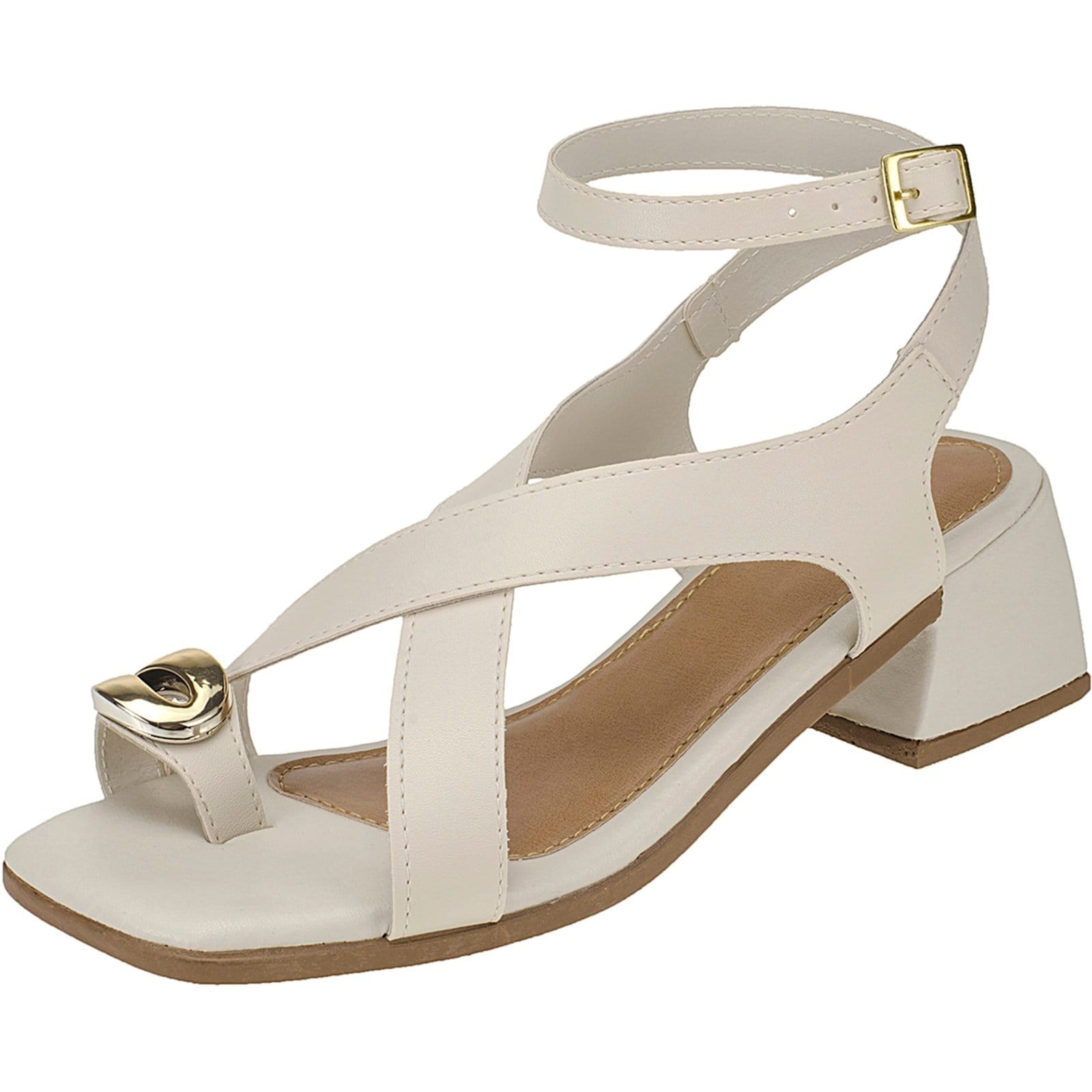 Sandália Feminina com Salto Quadrado Detalhe Dourado Off White