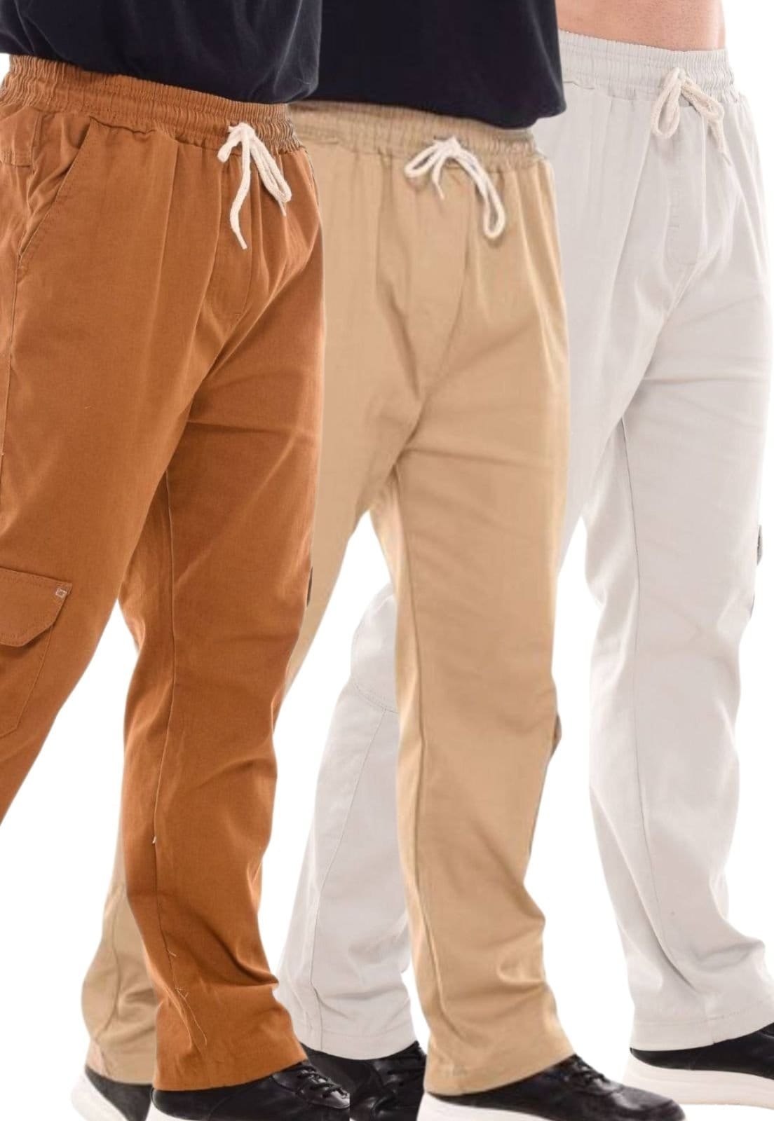 Kit 3 Calças Jogger Mys Jeans com Bolso Cargo Sem Punho Gelo Caramelo