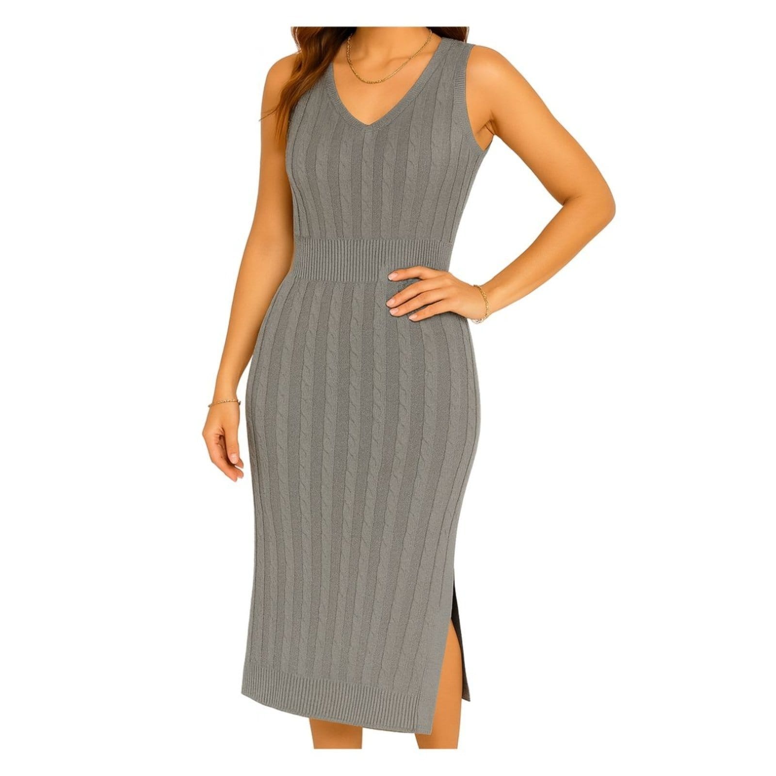 Vestido FMF Midi Tricô Feminino com Detalhe de Tranças e Abertura Lateral Premium Chumbo