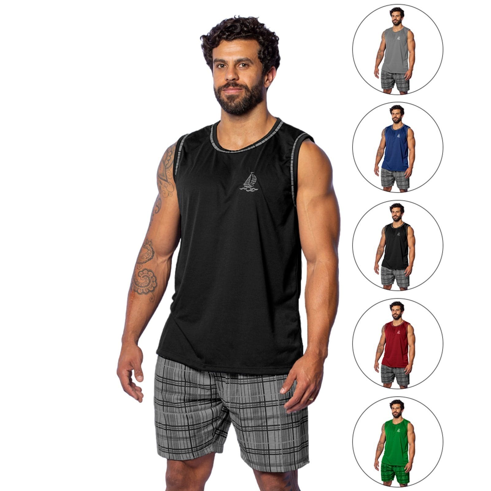 Kit 2 Pijamas Masculino Gabi Lingerie Regata Malha Confortável Curto Multicolorido