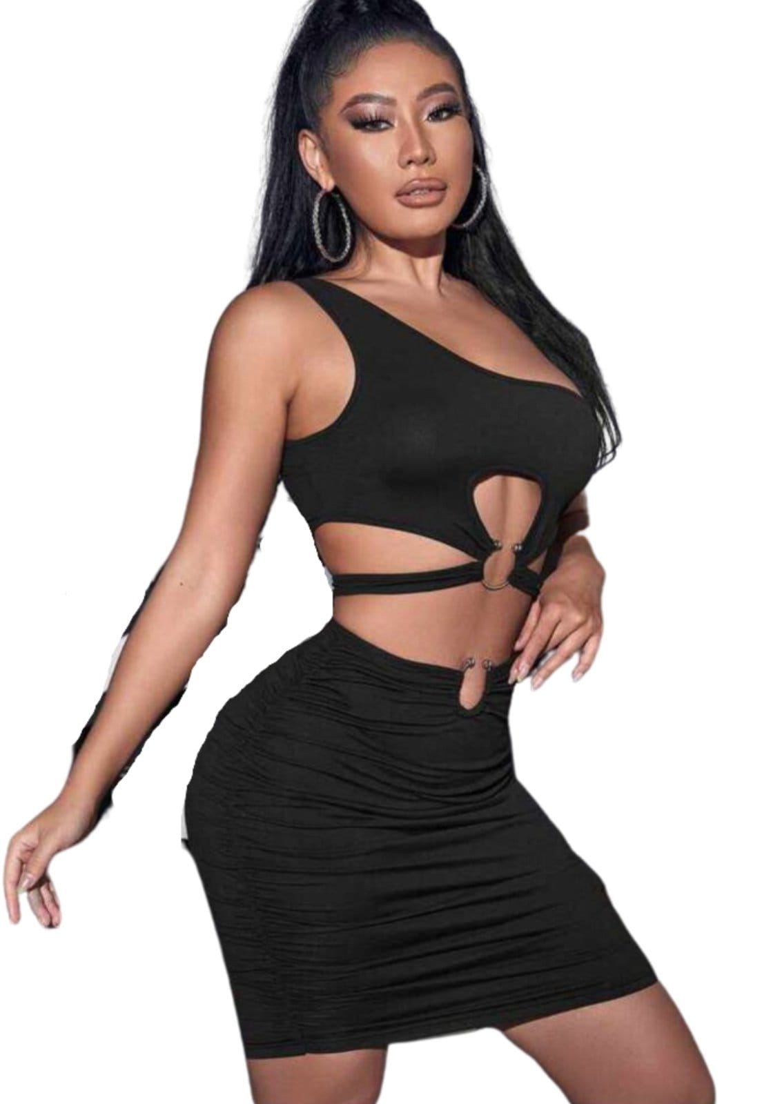 Vista 2 Conjunto Summer Body moda gringa cropped decote mula manca saia argolas Summer Body preto