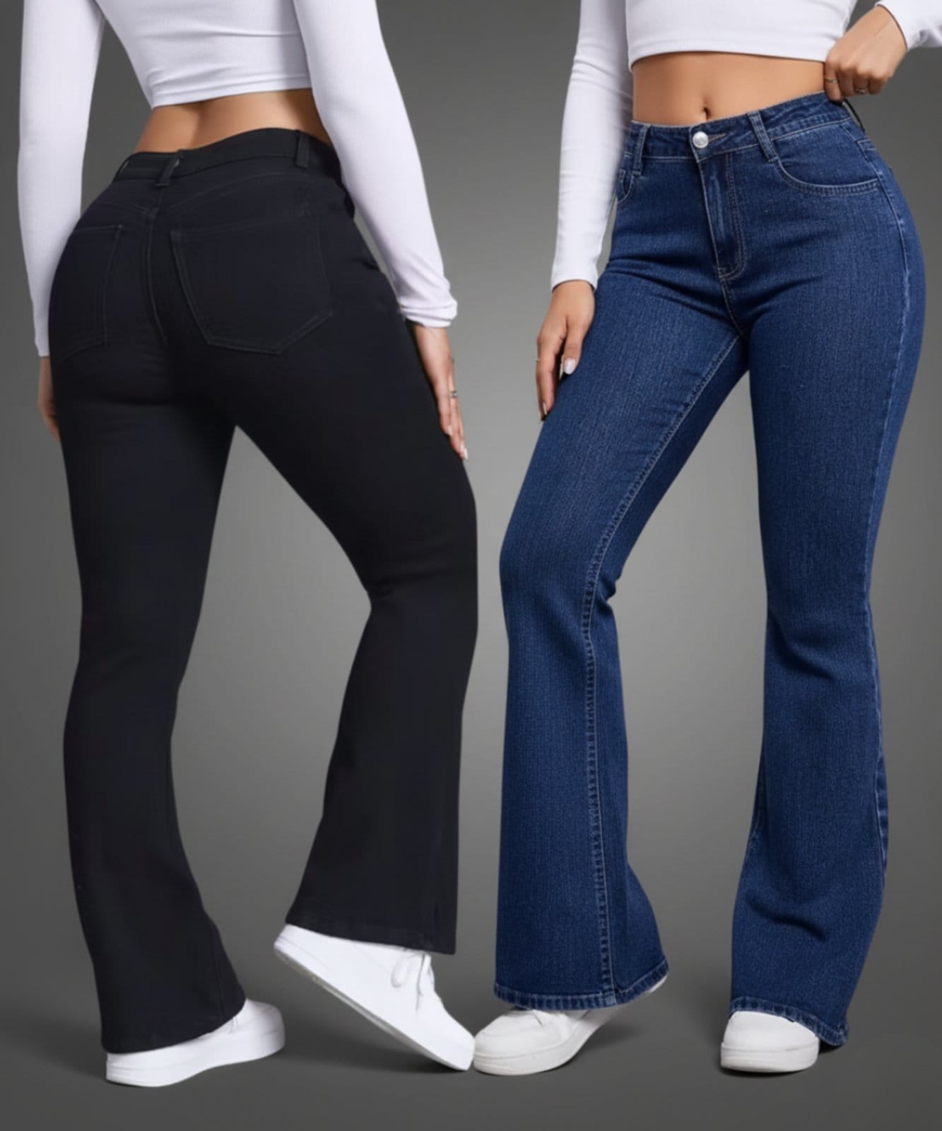 Kit 2 Calças Flare Feminina Alpha Street Wear Premium Com Elastano Cintura Alta Levanta Bumbum Estilo Gringa Preto e Escuro