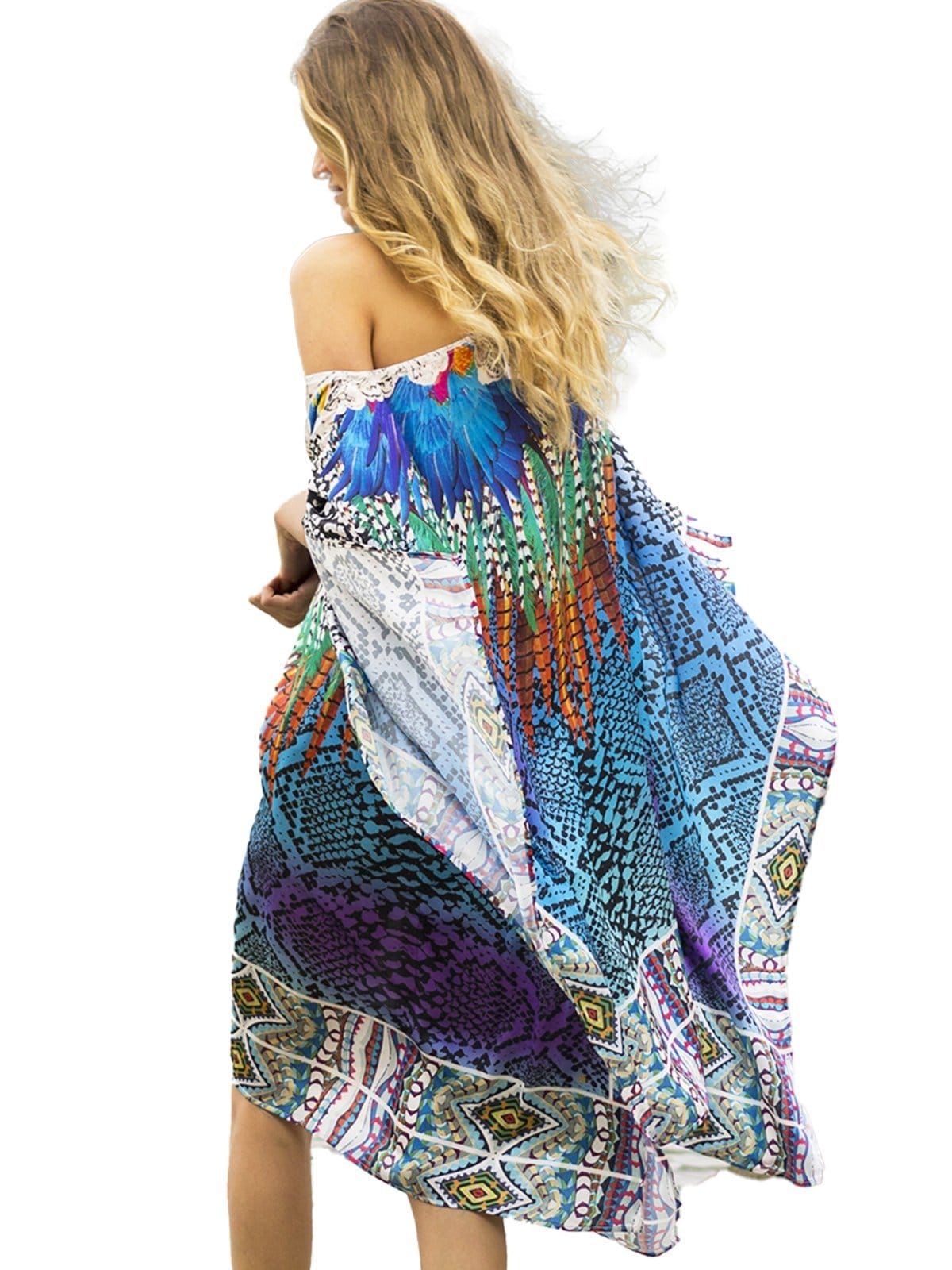 Vista 2 Vestido Kaftan Curto Cetim Estampado EXCLUSIVO Pala Penas Multicolorido 101 Resort Wear azul/branco/laranja/preto/verde