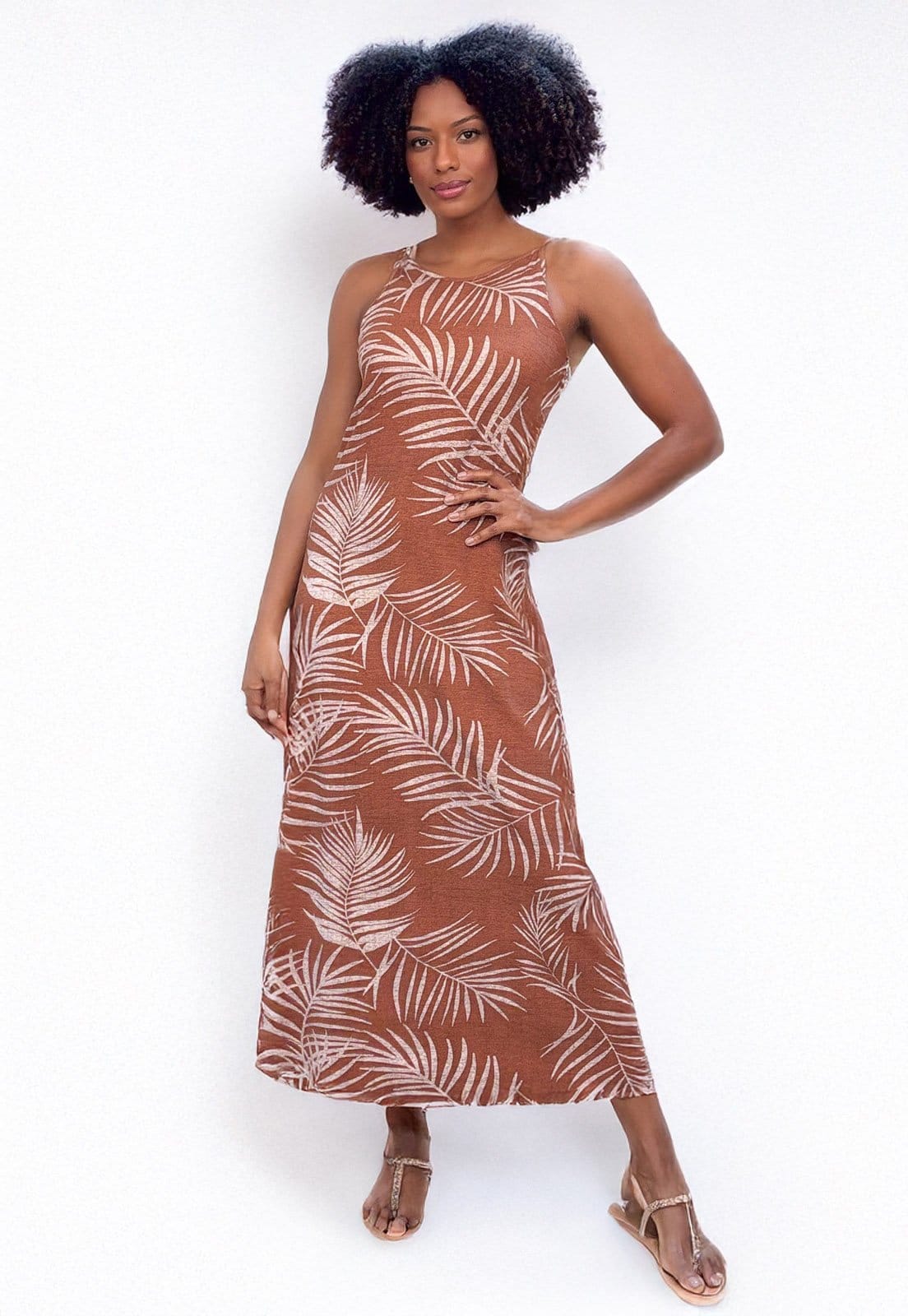 Vestido Longo Cabanafree Malha Trapézio Estampa Palmas Terra