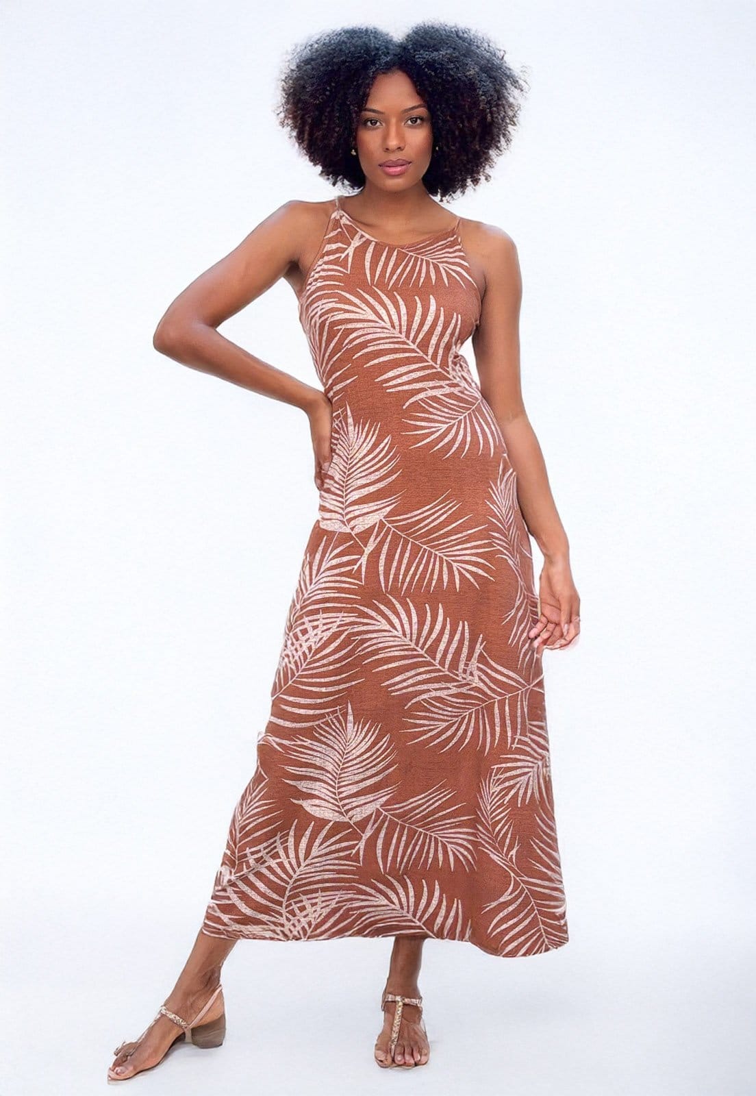 Vista 2 Vestido Longo Cabanafree Malha Trapézio Estampa Palmas Terra Cabanafree estampado/marrom