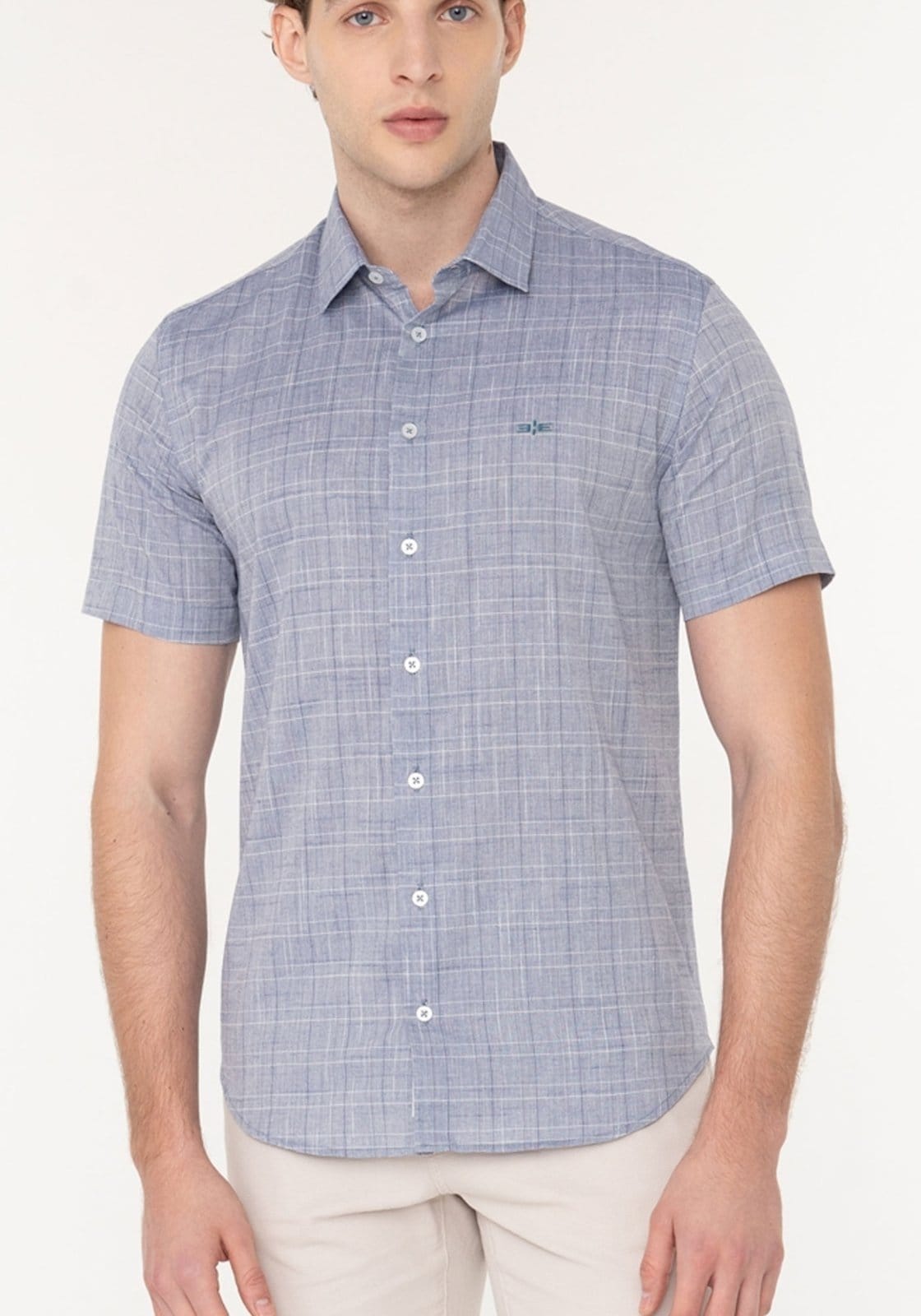 Camisa Xadrez De Mangas Curtas Slim Fit Em Tecido Flamê