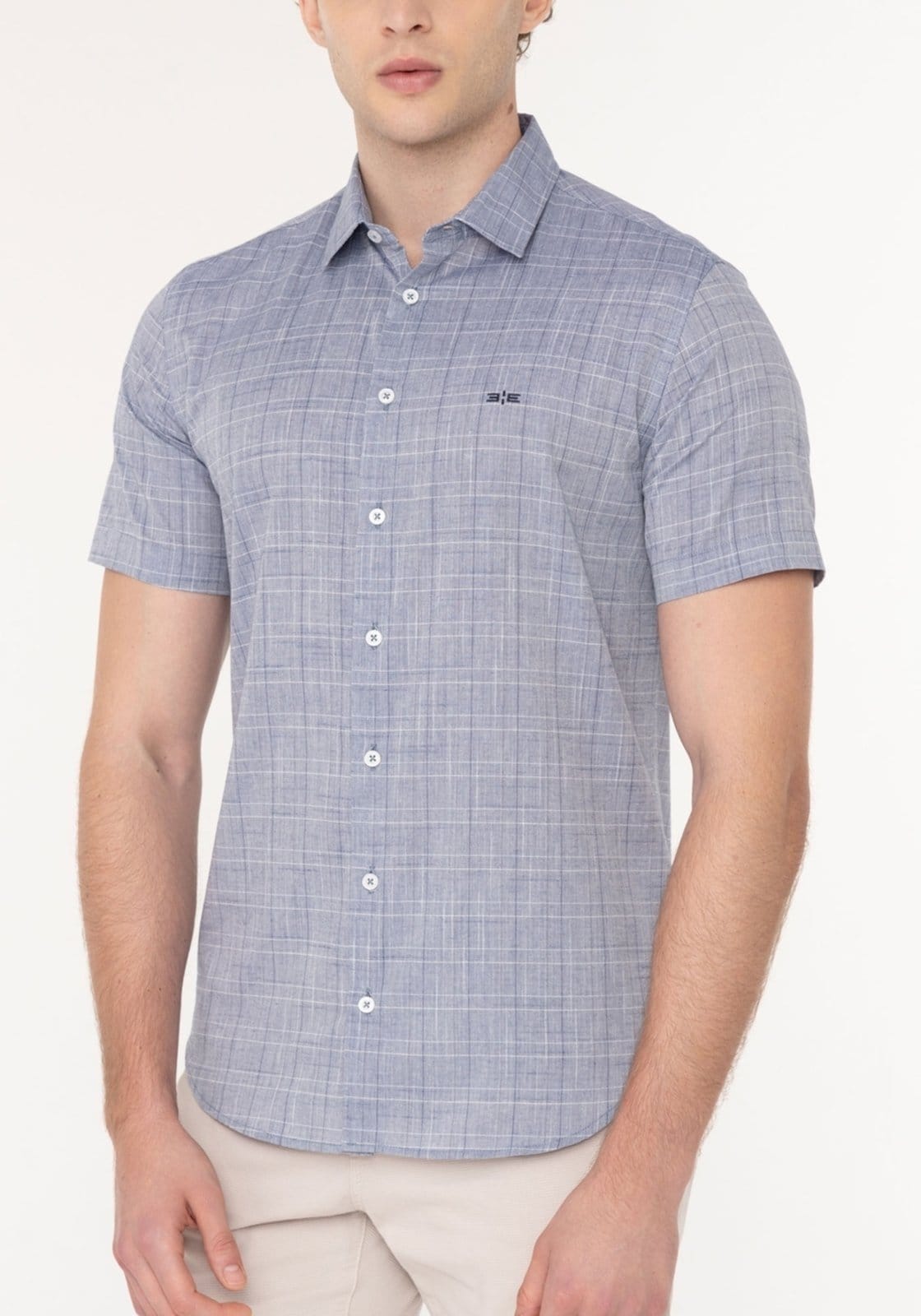 Vista 2 Camisa Xadrez De Mangas Curtas Slim Fit Em Tecido Flamê Hangar 33 azul