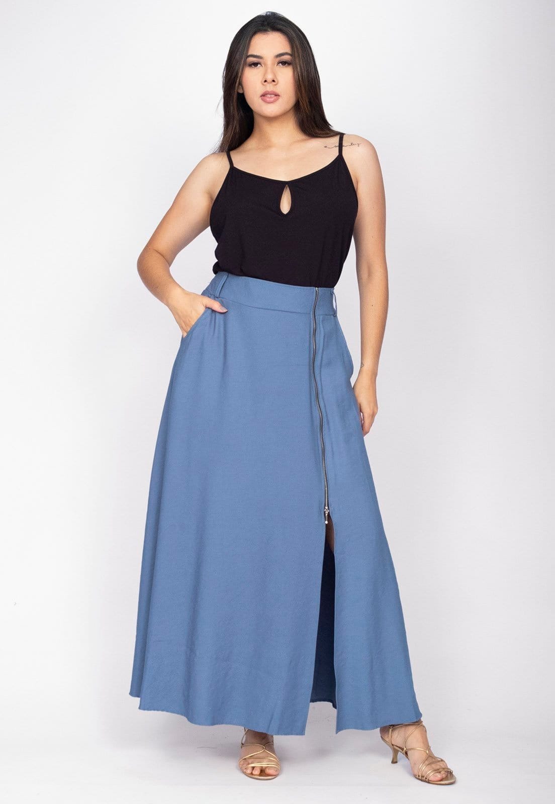 Vista 2 Saia Midi com Zíper Blue Cabanafree azul blue