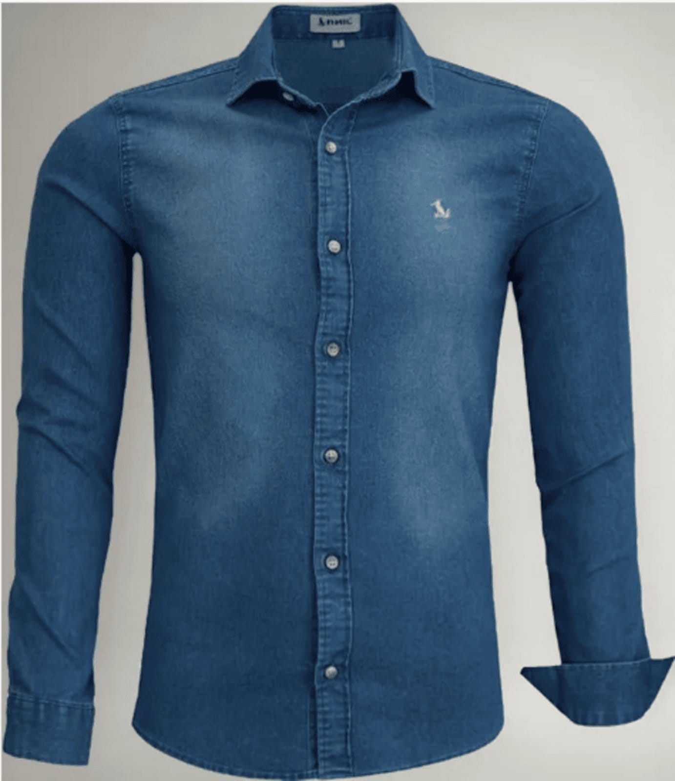 Camisa Jeans Amil Slim Blast Com Elastano Manga Longa Luxo Delave